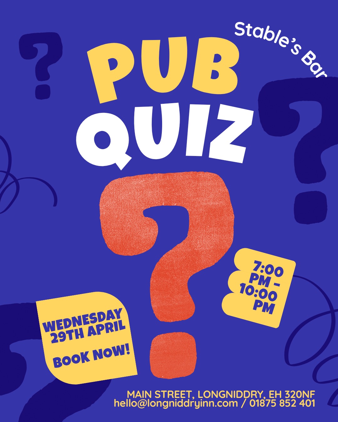 It’s almost Quiz Night at The Longniddry! 📝🍺
Think you’re the smartest bunch in East Lothian? Prove it.
📅 Wednesday, April 29th
⏰ 7:00 PM Start
📍 The Longniddry Inn
Tag your teammates below and let them know it’s time to study up. See you there!
Call ahead to book in your team!
First prize £50 voucher, & high fives all round!
#LongniddryInn #PubQuiz #EastLothianLife #QuizNight