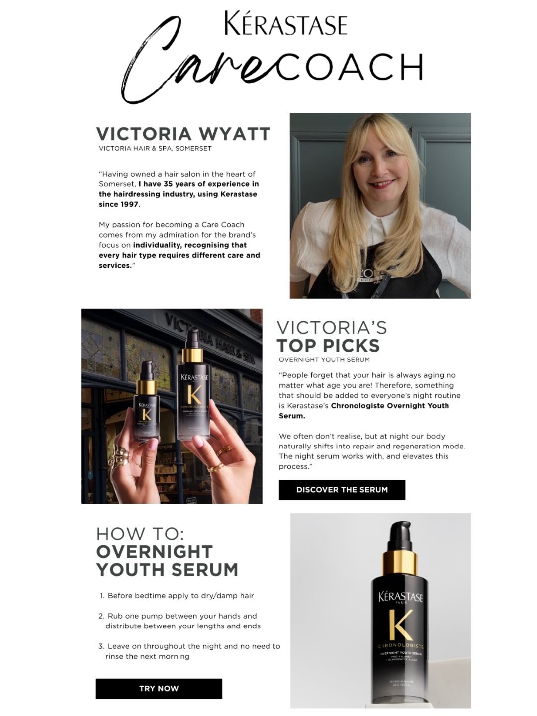 We are delighted to announce our feature on the official Kerastase expert recommendations newsletter⭐️
As a Kerastase Care Coach opportunities such as these allow for our expertise to be put to use outside of the salon, helping customers worldwide!
The salon will be launching a new chronologiste window display, as well as new complimentary chronologiste sample bags…