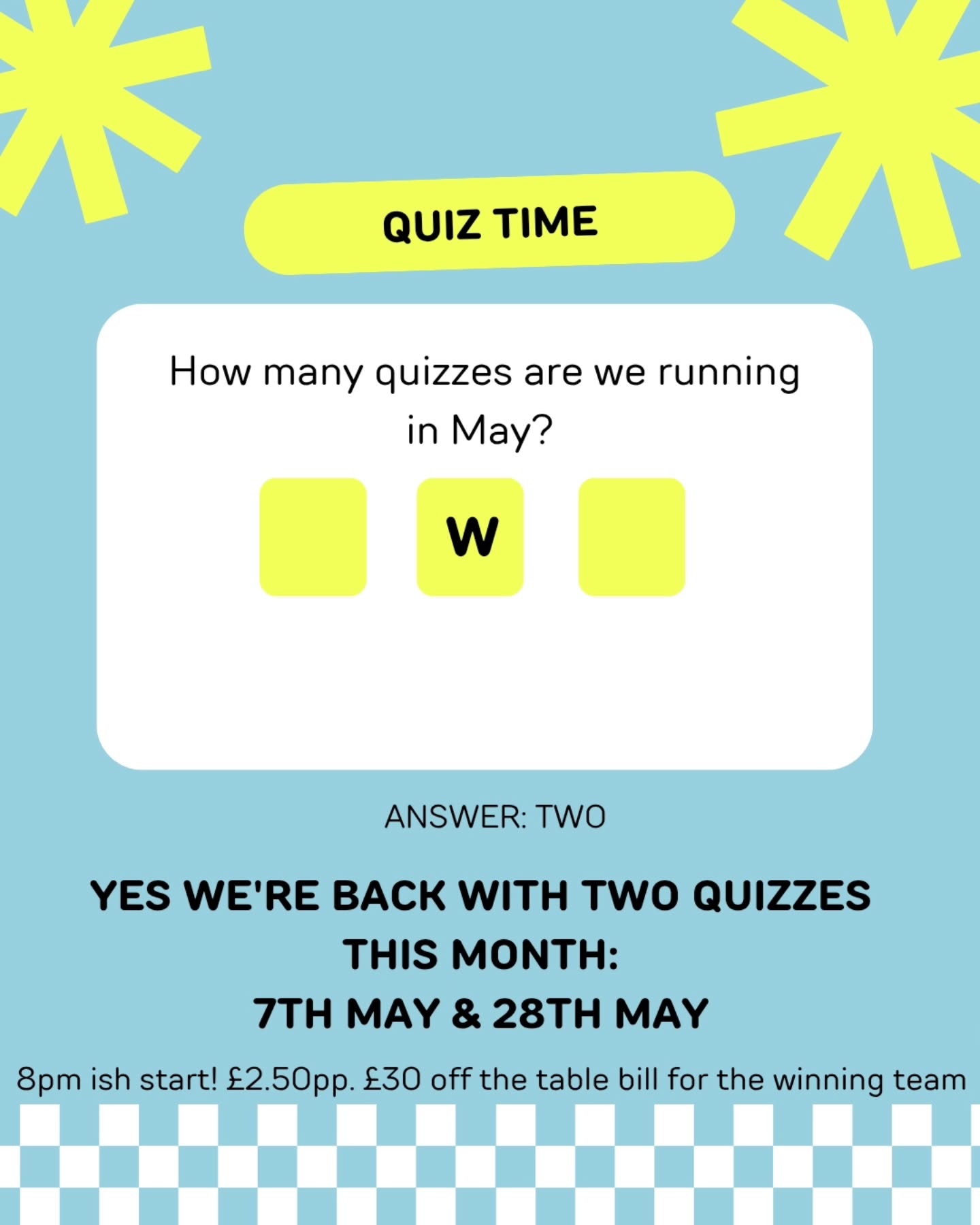 We spoil you! Two quizzes this month.
☎️ or 📧 to book your table