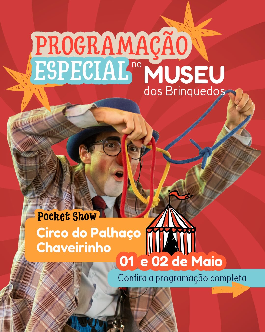 O circo do MuBrinc está chegando e nos dias 1º e 02/05 você pode mergulhar nesse universo com brincadeiras, fantasias, oficina exposição e muito mais!🎪
Esperamos por você e sua família para essa programação especial!
O Museu dos Brinquedos conta com o patrocínio da Cemig, por meio da Lei Estadual de Incentivo à Cultura de Minas Gerais, e com o apoio do Instituto Unimed-BH e do Instituto Marina e Flávio Guimarães – Grupo BMG, por meio da Lei Federal de Incentivo à Cultura, no projeto “2026 – Manutenção do Museu dos Brinquedos” (Pronac 254697); além das empresas Marcelo Guimarães Advogados e Associados e Decta Contabilidade. Realização: Governo de Minas Gerais – Aqui o TREM prospera, Ministério da Cultura e Governo Federal – União e Reconstrução.
#MuseudosBrinquedos #FimDeSemana #Programacao #belohorizonte @institutounimedbh @grupobmg.oficial @institutomfg_ @circuitoliberdade @prefeiturabh @culturaeturismomg