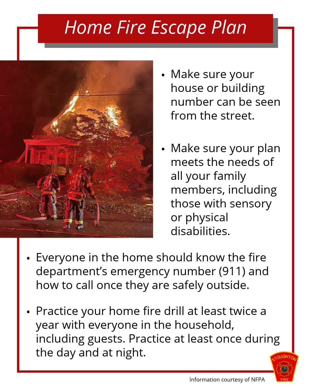 If a fire breaks out in your home, you may only have a few minutes to get out. It is critical that everyone in your family knows where to go and what to do. Take time to create and review your family’s fire escape plan.
#SFD #NFPA #fireescapeplan #firesafety