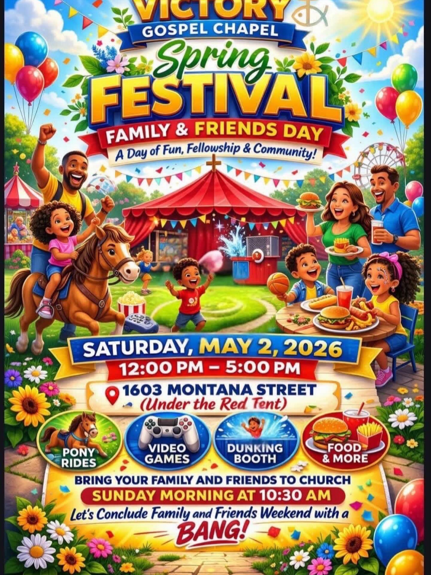 May 2nd tomorrow is our BIG FAMILY & FRIENDS Day ( It will be full of so much FESTIVITY & Fun)
IN BACK of Our Church UNDER OUR RED TENT… begins at 12 noon all the way to 5pm
VGC looking forward to seeing all of us along with our invited guests to join in for food, fun and Fellowship! See you then!!! I’m excited♥️