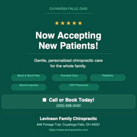 Are you dealing with back pain, headaches, or just feeling "off"?
At Levinson Family Chiropractic we help the whole family feel their best ā from newborns to seniors, athletes to expecting moms.
Now accepting new patients in Cuyahoga Falls! Call us today!
š (330) 928-3420
Here you go ā add these to the bottom of your Instagram caption:
#NewPatients #ChiropractorNearMe #CuyahogaFalls #AkronOhio #CuyahogaFallsOhio #AkronChiropractor #FamilyChiropractic #BackPainRelief #NaturalHealth #ChooseChiropractic #ChiropractorLife #WellnessJourney #LocalBusiness #SupportLocal #NortheastOhio