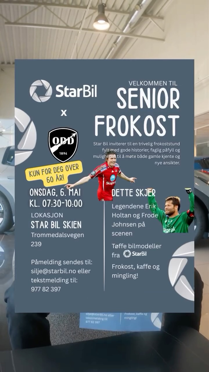 Vi inviterer til seniorfrokost!
I samarbeid med @oddsbk ønsker vi velkommen til en hyggelig morgen her på Star Bil onsdag 6. mai fra 07:30-10:00 ☕️
Denne invitasjonen gjelder kun for deg som har rundet 60 år - og bare blitt bedre med årene 😉
Påmelding må sendes til: silje@starbil.no innen mandag 4. mai.
Håper vi sees 🤩