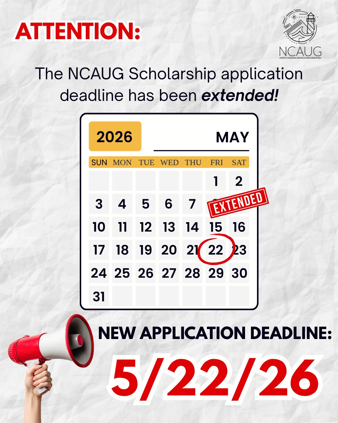 🎓✨ DEADLINE EXTENDED! ✨🎓
There’s still time to apply for the 2026 NCAUG Scholarship!
North Carolina university and community college students—don’t miss this opportunity for funding, professional exposure, and conference experience.
📅 New deadline: May 22, 2026
🔗 Apply now: ncaug.org/scholarship
#NCStudents #ScholarshipOpportunity #FutureLeaders #CollegeLife #GradSchool #TransportationProfessionals