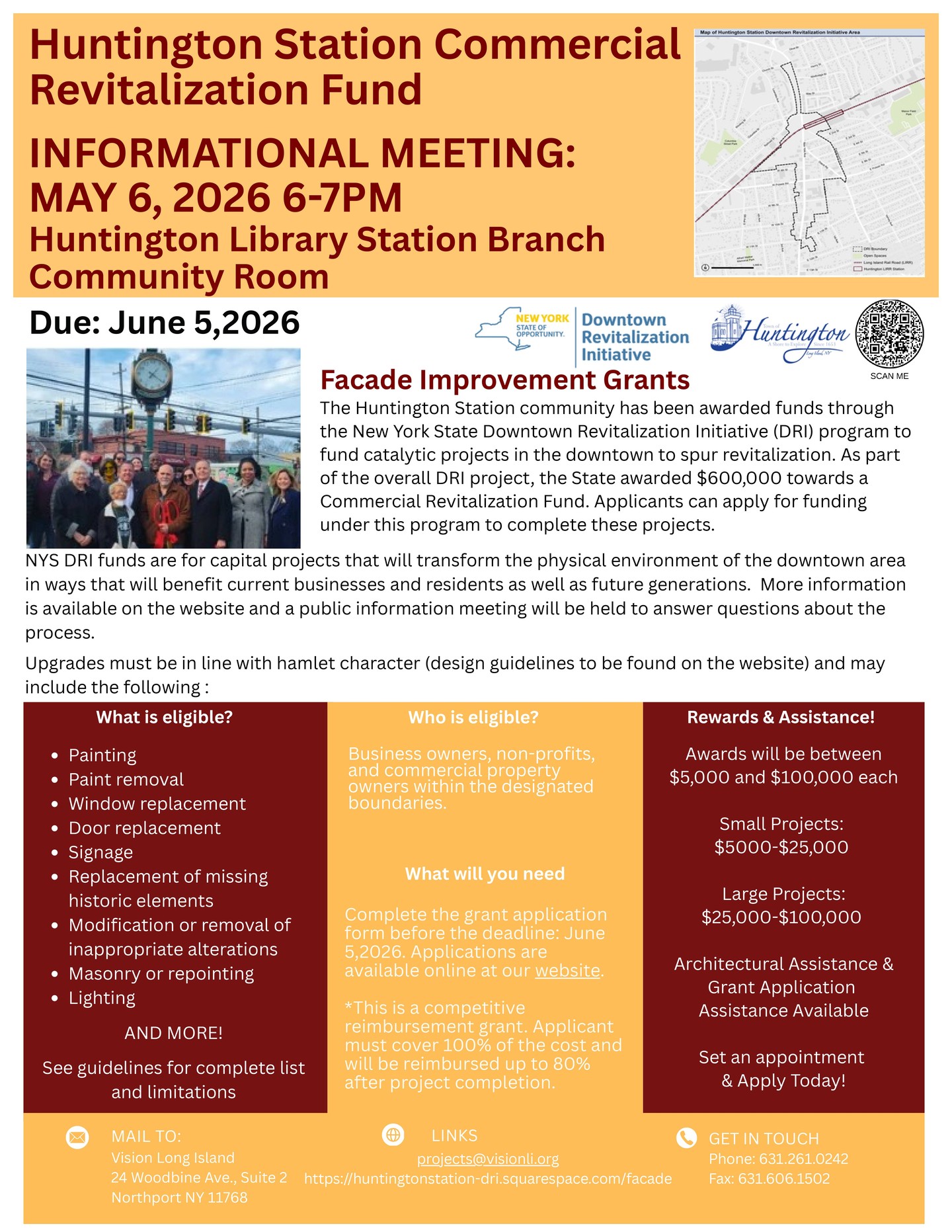 Revitalize your storefront and invest in Huntington Station’s future ✨
Facade Improvement Grants now available — apply by June 5, 2026!
See the updated flyer here!!