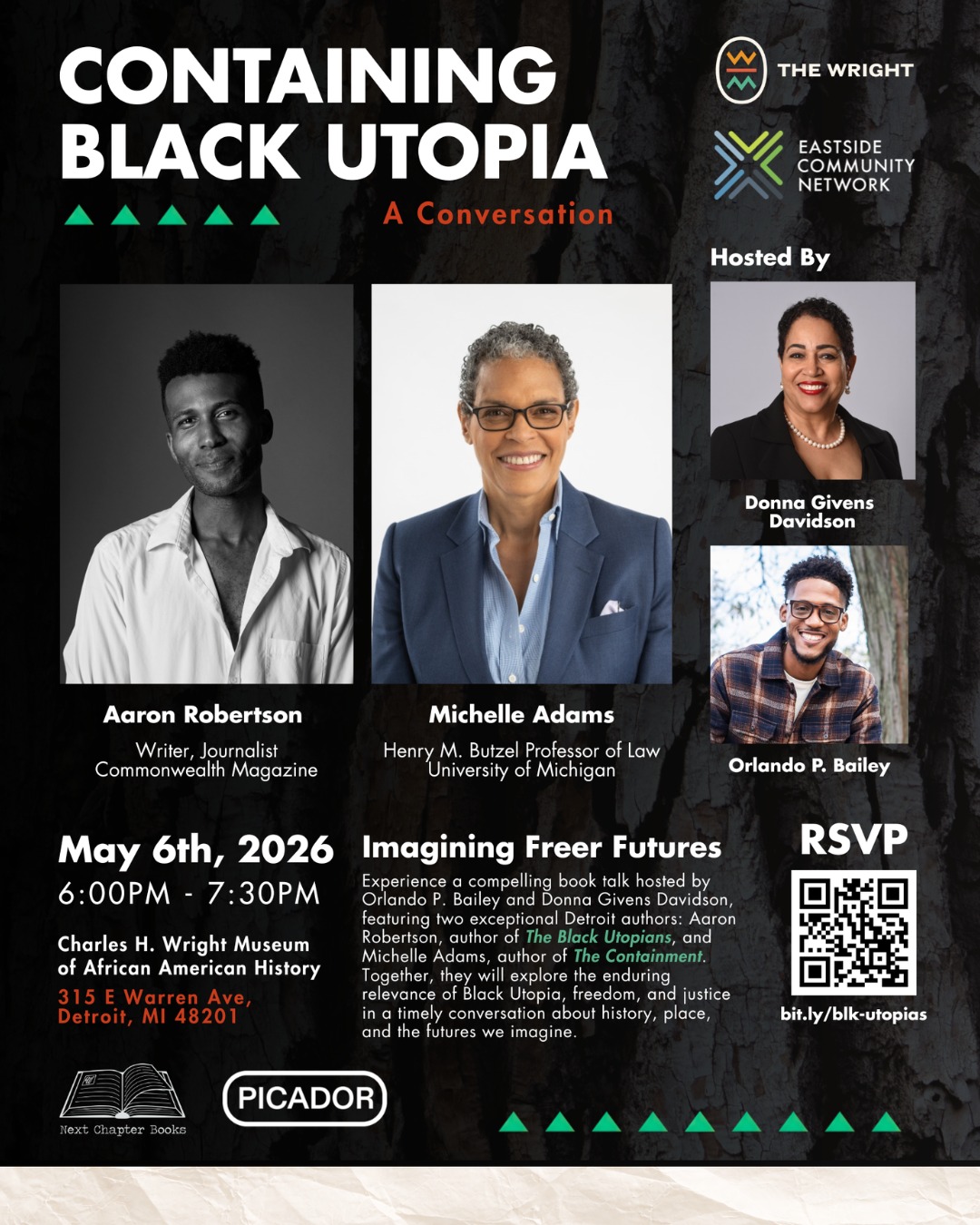 This conversation, featuring two extraordinary Native Detroit authors: Aaron Robertson, author of The Black Utopians, and Michelle Adams, author of The Containment, will explore the enduring significance of Detroit as a site of Black intellectual, political, and spatial imagination — and could not be more urgent. At a moment when federal and judicial rollbacks of civil rights protections have placed the history of racial containment and Black freedom struggle in stark relief, these two works offer both a reckoning with the past and a roadmap for the present. Detroit is not merely the backdrop for these stories — it is the living testament to the struggles and visions they document.
Both Robertson and Adams are proud Native Detroiters whose scholarship and storytelling reflect a profound commitment to understanding and honoring the city's complex history and future possibilities. Together, their books create a powerful dual lens — one tracing the radical imagination of what Detroit's Black community dared to build, the other documenting the legal machinery used to contain it.
#nextchapterbooksdetroit
#detroitisforreaders