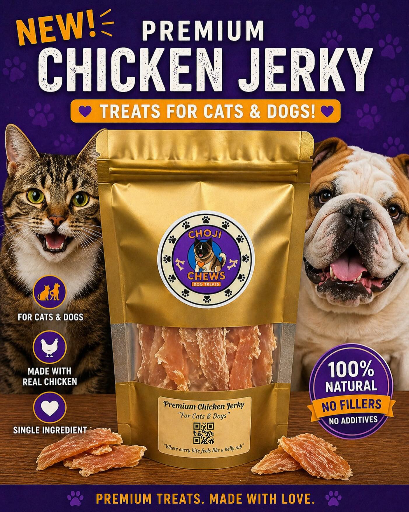 Something exciting just dropped at Choji Chews 🐾
Our Premium Chicken Jerky is finally here
and this one is for BOTH cats & dogs 🐶🐱
Made with 100% chicken and nothing extra
just real, simple treats your pets will love
Where every bite feels like a belly rub 💜