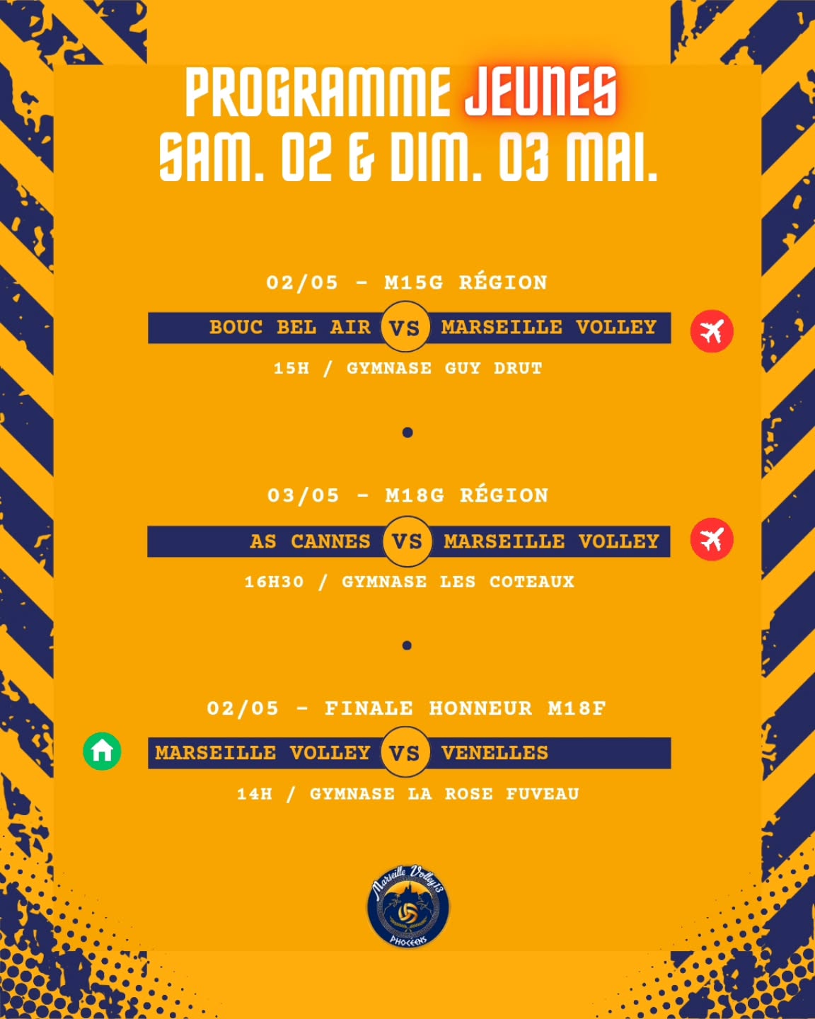 🔥 PROGRAMME WEEKEND🔥
On vous attend nombreux pour encourager nos jeunes ! 💙
📅 Samedi 02 mai
⚪️ M15G Région en déplacement à Bouc Bel Air, 15h
🏆 Finale Honneur M18F : Marseille Volley 🆚 Venelles
14h – Gymnase La Rose Fuveau
📅 Dimanche 03 mai
⚪️ M18G Région en déplacement à Cannes, 16h30
🔥 Venez faire du bruit et pousser nos équipes vers la victoire !