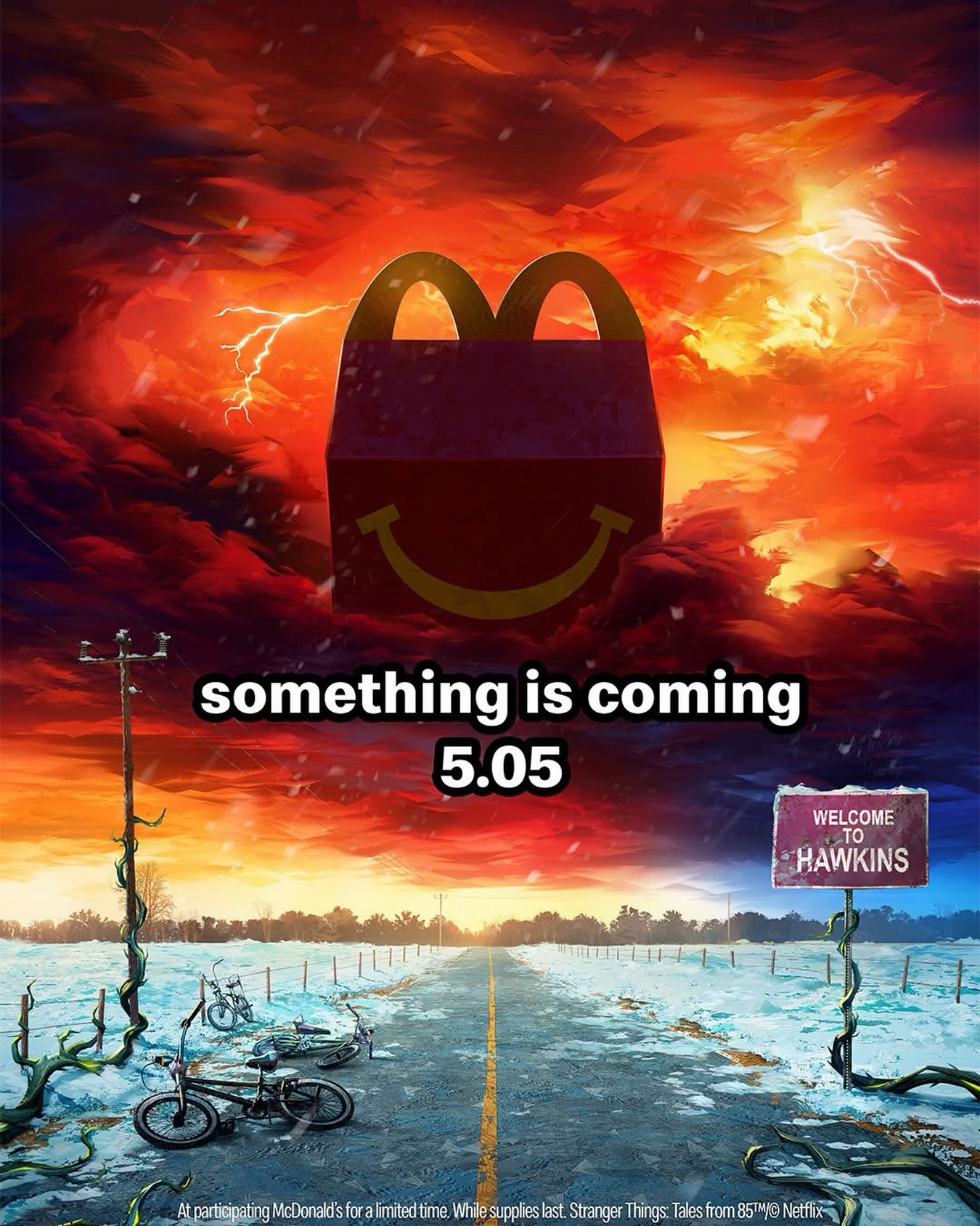 Something strange is coming to our Happy Meal… 👀✨
Flip it to the Upside Down and get ready…your favorite snacks are about to go totally Eleven out of ten.
Stay tuned… 🍟