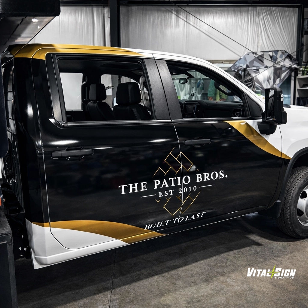 Ink to Asphalt: The Patio Bros.
We recently completed this truck wrap for The Patio Bros, focusing on a clean and durable look. The design uses a high-contrast black, gold, and white color palette to keep the branding sharp on the road.
Their slogan, "Built to Last," is featured prominently on the side panels. Every detail was handled in-house, from the initial design to the final installation. This project highlights how a professional finish provides an organized and consistent look for service vehicles.
Our team specializes in creating these custom solutions for local businesses in the Capital Region.
#InkToAsphalt #VehicleWrap #ThePatioBros #VitalSignAndGraphics