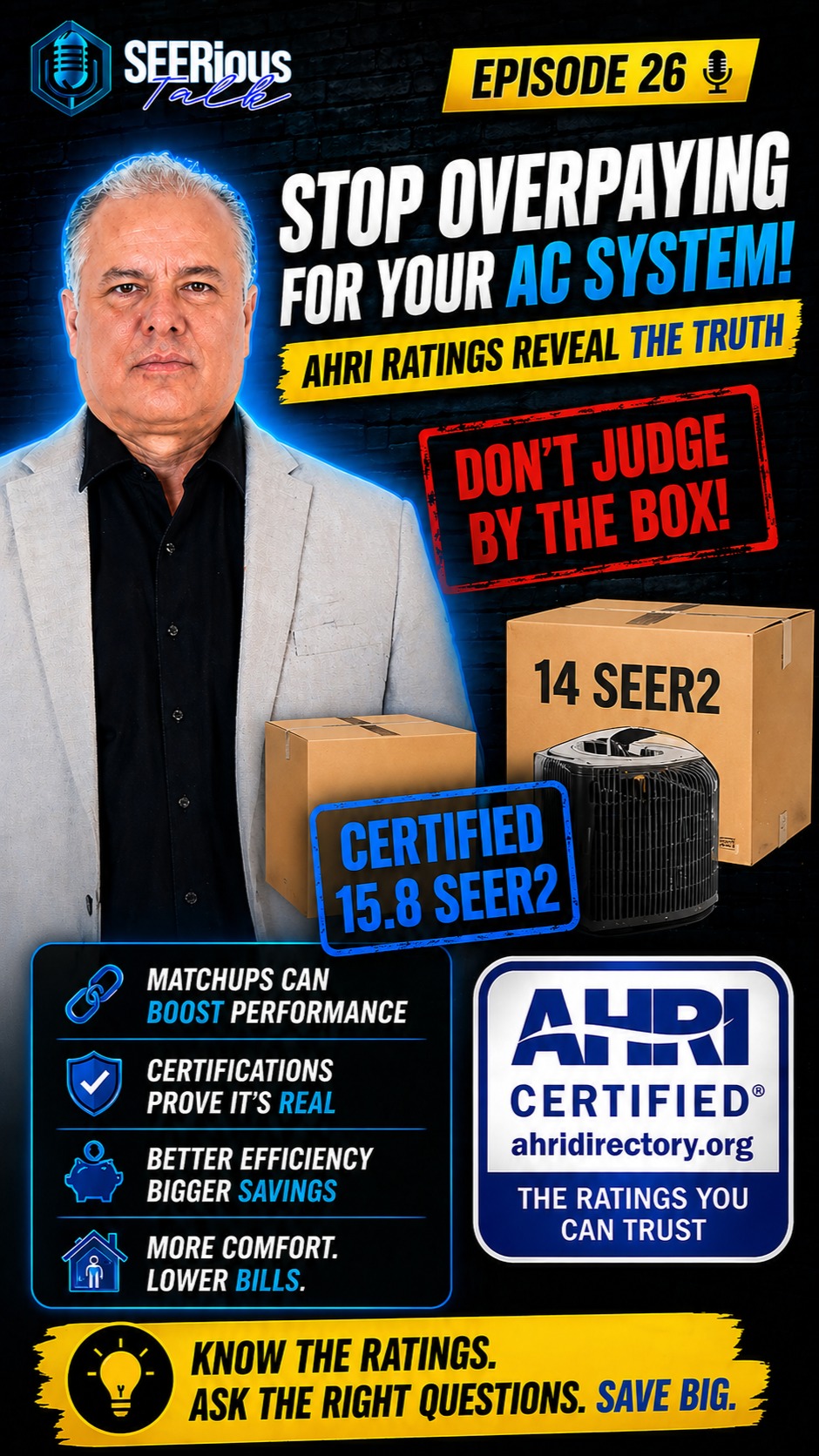 Stop judging your AC system by the box! Here’s why the AHRI rating matters more than you think.
Tag someone who needs to know this!
Many homeowners get confused about AHRI ratings. Here’s a quick breakdown: AHRI stands for Air Conditioning Heating and Refrigerant Institute. They certify HVAC systems to ensure they perform as claimed. Think of them as the referees of the HVAC world.
But it’s not just about the outdoor unit’s SEER rating. An AC system consists of multiple parts: the outdoor condenser, indoor coil, and blower. If you match them correctly, a 14 SEER system can outperform a higher-rated one!
So don’t get fooled by the model number. A well-paired 14 SEER system can save you thousands in energy bills and repairs.
If your AC is over 12 years old, upgrading could bring major comfort improvements and lower costs.
What’s your take?
For more insights, check the link in bio!
#HVAC #AHRI #CoolingTips #HomeComfort #EnergySavings
#becerril #acguys #elcentro #eastlake #chulavista