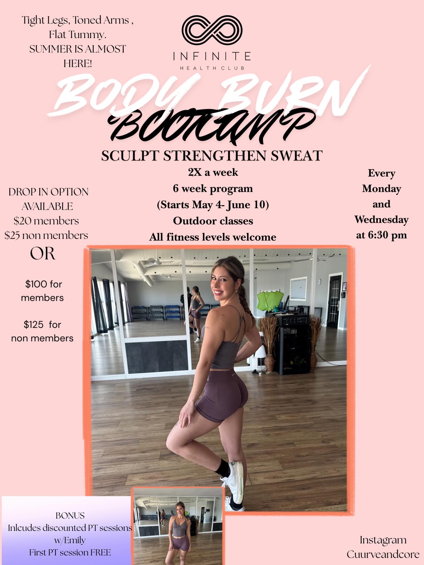 🔥 BODY BURN BOOTCAMP IS HERE 🔥
Summer is almost here… time to sculpt, strengthen, and sweat with Emily at Infinite Health Club 💪☀️
Join us for this 6-week outdoor program designed to tighten legs, tone arms, and build confidence. All fitness levels welcome!
📅 Every Monday & Wednesday
⏰ 6:30 PM
📍 Infinite Health Club
💥 Drop-In Available
Members $20 | Non-Members $25
💥 Full Program
Members $100 | Non-Members $125
🎁 BONUS: Includes discounted PT sessions with Emily + your first PT session FREE!
Spots are limited — DM us to reserve your spot today. #InfiniteHealthClub #BodyBurnBootcamp #SummerReady #WindsorFitness #LaSalleOntario OutdoorWorkout BootcampSeason