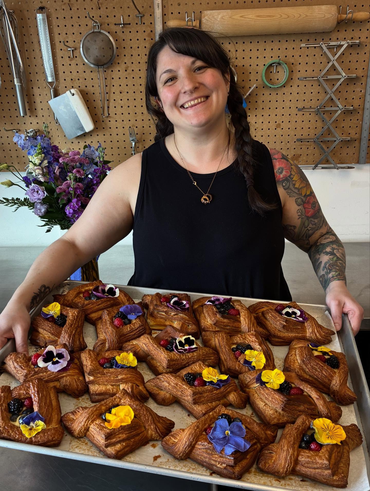 Mother’s Day danish available this Saturday and Sunday! Fresh berries, vanilla custard, edible flower and apricot glaze 🌸 Call to reserve or stop in ☺️