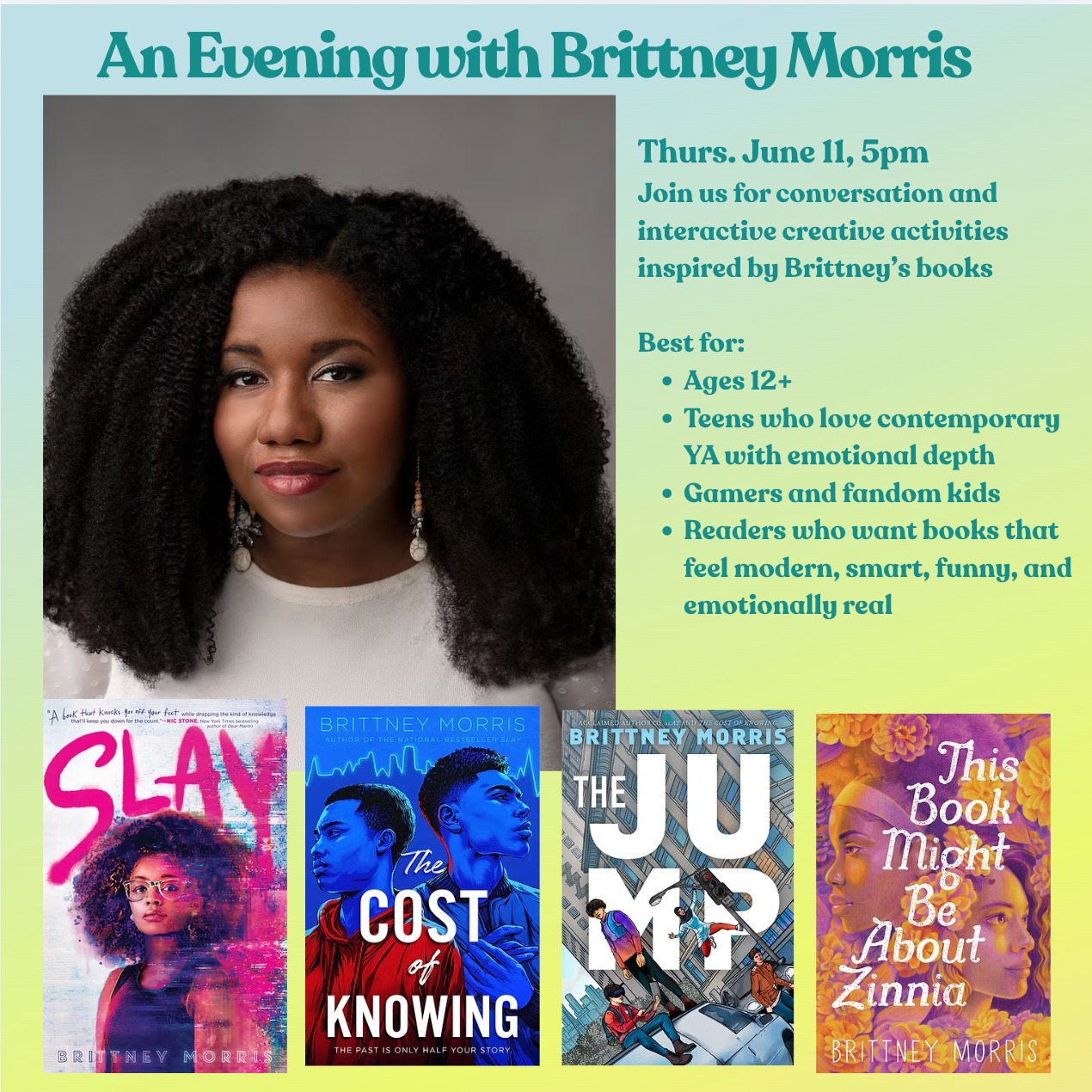 We are so excited to welcome bestselling author Brittney Morris to the shop on June 11.
Come hang out with one of the most exciting voices in YA right now for a conversation about storytelling, fandom, identity, gaming, writing complicated characters, and all the chaos that comes with growing up online and offline at the same time.
More details + RSVP in our link in bio
#PhiladelphiaEvents #PhillyBookstagram #YABooks #IndieBookstore #BookEvent #Fishtown