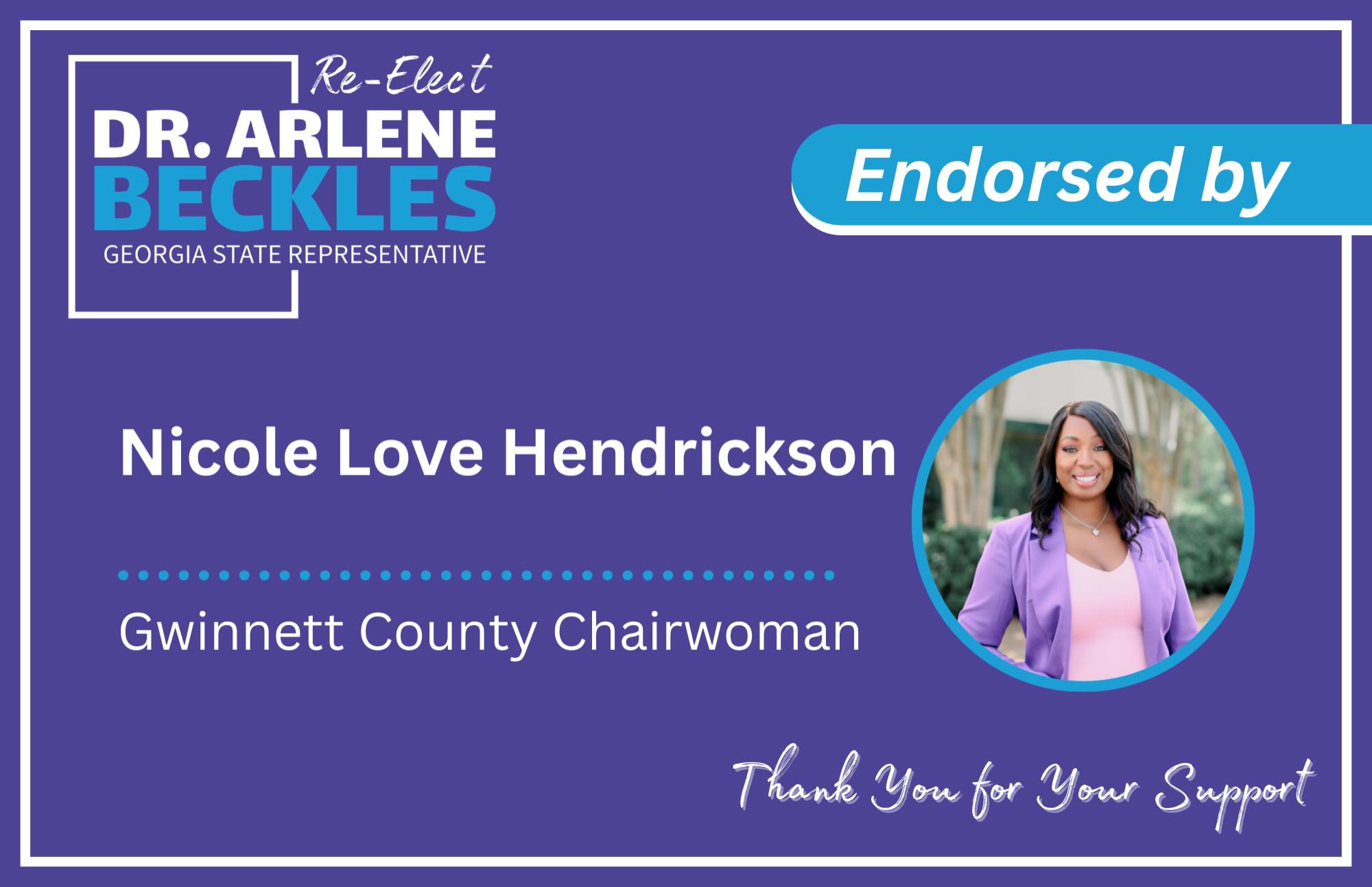 I'm humbled, honored and appreciative of my endorsement from Gwinnett County Chairwoman Nicole Hendrickson!