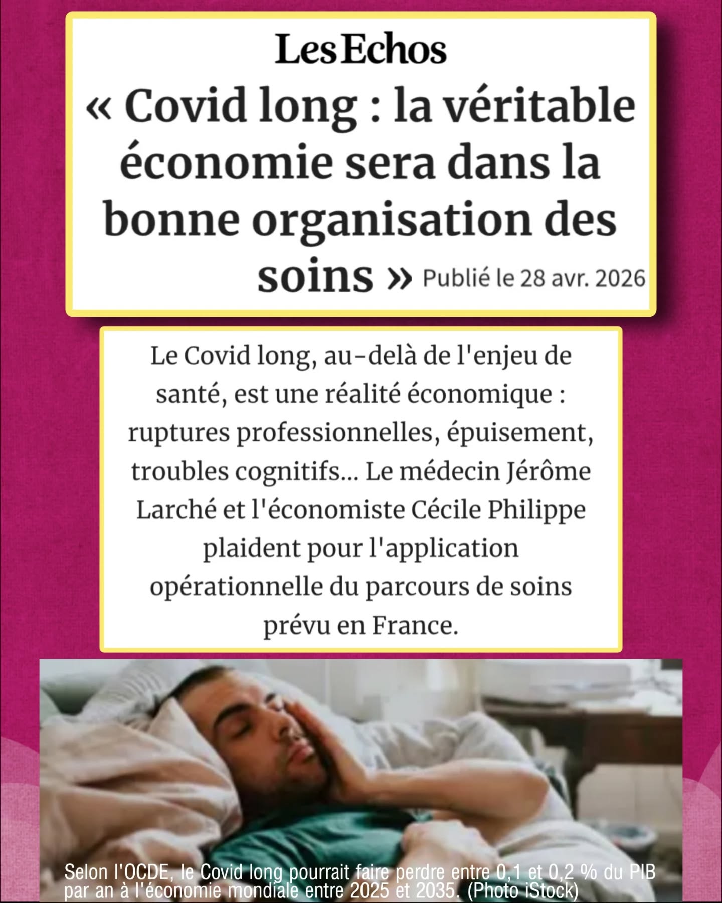 đ§” #CovidLong : une tribune publiĂ©e dans Les Ăchos rappelle que lâenjeu dĂ©passe aujourdâhui le seul champ sanitaire.
đ Il sâagit aussi dâun sujet dâorganisation des soins et dâefficience Ă©conomique.
đ Le #CovidLong concerne une part significative de la population :
đ 75 millions de personnes dans lâOCDE en 2021
đ 3 Ă 8 % des adultes avec des symptĂŽmes prolongĂ©s
Un phénomÚne durable, aux effets collectifs notables.
đž Ses consĂ©quences Ă©conomiques sont documentĂ©es :
đ 680 milliards de dollars de pertes en 2021 (~1 % du PIB)
đ Entre 0,1 et 0,2 % du PIB par an attendus entre 2025 et 2035
Des ordres de grandeur qui traduisent un impact macroéconomique réel.
đ«đ· En France, plus de 2 millions de personnes seraient concernĂ©es.
đ Dans ce contexte, lâenjeu nâest plus uniquement la reconnaissance du #CovidLong,
mais la structuration effective de sa prise en charge.
đ Lâabsence dâorganisation pleinement opĂ©rationnelle du parcours de soins entraĂźne :
âĄïž une multiplication des consultations
âĄïž des examens rĂ©pĂ©tĂ©s
âĄïž une coordination encore insuffisante
Autant de facteurs de coûts évitables.
đŒ Le #CovidLong a Ă©galement des rĂ©percussions sur lâemploi :
đenviron 1 patient sur 5 connaĂźt une rupture professionnelle
đAu-delĂ , des situations de maintien en emploi avec capacitĂ©s rĂ©duites sont observĂ©es.
đDans le mĂȘme temps, la progression des indemnitĂ©s journaliĂšres a fortement augmentĂ©,
avec un rythme de croissance environ trois fois supérieur à celui observé entre 2015 et 2019.
đ„ Un parcours de soins dĂ©diĂ© au #CovidLong existe en France en rĂ©gion Occitanie
đ Cependant, sa mise en Ćuvre reste hĂ©tĂ©rogĂšne et encore incomplĂšte selon les territoires.
đ§ Lâenjeu identifiĂ© est donc son opĂ©rationnalisation effective :
âïžMeilleure coordination des acteurs
âïžStructuration du parcours patient
âïžArticulation entre soins de ville, spĂ©cialitĂ©s et rééducation
âïžUne organisation plus lisible permettrait :
âĄïž dâamĂ©liorer lâorientation des patients
âĄïž de limiter les actes redondants
âĄïž de renforcer le lien avec la santĂ© au travail
đ Et ainsi dâaccroĂźtre lâefficience globale du systĂšme.
âŹSuite en commentaire⏠@jerome.larche.7 @cecileinstitutmolinari