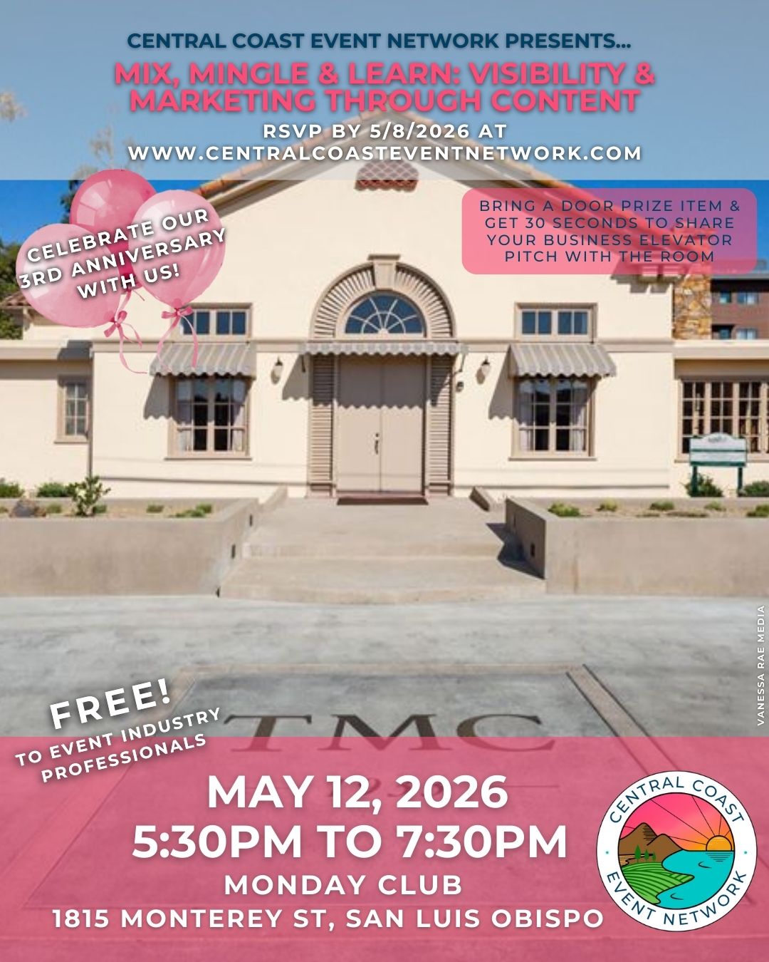 𝗬𝗼𝘂’𝗿𝗲 𝗜𝗻𝘃𝗶𝘁𝗲𝗱 | 𝗠𝗮𝘆 𝟮𝟬𝟮𝟲
🌟 Celebrate our 3rd Anniversary with us at The Monday Club @mondayclubevents!
Join us for our May CCEN Mixer as we celebrate 𝘵𝘩𝘳𝘦𝘦 𝘺𝘦𝘢𝘳𝘴 of bringing the Central Coast event community together. This one’s a little extra special ✨
We’ll spotlight the venue, strengthen connections, and dive into 𝗩𝗶𝘀𝗶𝗯𝗶𝗹𝗶𝘁𝘆 & 𝗠𝗮𝗿𝗸𝗲𝘁𝗶𝗻𝗴 𝗧𝗵𝗿𝗼𝘂𝗴𝗵 𝗖𝗼𝗻𝘁𝗲𝗻𝘁—real ideas you can actually use (not just “post more” advice 🙃).
Our speaker + facilitator:
𝗞𝗮𝗺𝗲𝗿𝗮𝗻 𝗥𝗼𝘄𝗹𝗲𝘆 𝗼𝗳 𝗖𝗼𝗻𝘁𝗲𝗻𝘁 𝗯𝘆 𝗞𝗮𝗺 @contentbykam
Content isn’t just about pretty posts—it’s how your brand connects, grows, and stands out. Kam will walk us through their process to help you create content with more clarity, confidence, and purpose.
📅 Save the date, RSVP (yes, it matters), and come ready for strong connections, real conversations, and meaningful collaboration.
If you’re a venue or event industry vendor—meaning clients hire you for weddings, parties, galas, or celebrations—you’re invited.
𝗘𝘃𝗲𝗻𝘁 𝗗𝗲𝘁𝗮𝗶𝗹𝘀:
🗓 Tuesday, May 12, 2026
⏰ 5:30 PM – 7:30 PM
📍 The Monday Club | 1815 Monterey St, San Luis Obispo
Please arrive 𝘯𝘰 𝘭𝘢𝘵𝘦𝘳 𝘵𝘩𝘢𝘯 𝟧:𝟥𝟢 𝘗𝘔 so you don’t miss the educational portion (aka the good stuff 👀).
🎟 Free for event industry professionals
✅ RSVP required (𝗠𝗨𝗦𝗧 𝗥𝗦𝗩𝗣 𝗯𝘆 𝗙𝗿𝗶𝗱𝗮𝘆, 𝗠𝗮𝘆 𝟴, 𝟮𝟬𝟮𝟲)
𝗪𝗵𝘆 𝗔𝘁𝘁𝗲𝗻𝗱:
• Network with Central Coast event pros
• Build real referral relationships (not just “nice to meet you” vibes)
• Experience the venue firsthand
• See spotlighted vendors in action
• Celebrate three years of CCEN community 🎉
✨ 𝗪𝗮𝗻𝘁 𝗺𝗼𝗿𝗲 𝘃𝗶𝘀𝗶𝗯𝗶𝗹𝗶𝘁𝘆 𝗮𝘁 𝘁𝗵𝗶𝘀 𝗲𝘃𝗲𝗻𝘁?
We still have a few Vendor Spotlight opportunities available for this mixer.
👉 View available spots on our Vendor Spotlight Calendar:
https://www.rfr.bz/i247d76
👉 Apply to be featured:
https://www.rfr.bz/i78036f
👉 RSVP by Friday, May 8, 2026 on our website — link in bio
Let’s pack the room and make this anniversary one to remember 💛 https://www.rfr.bz/ia891e0