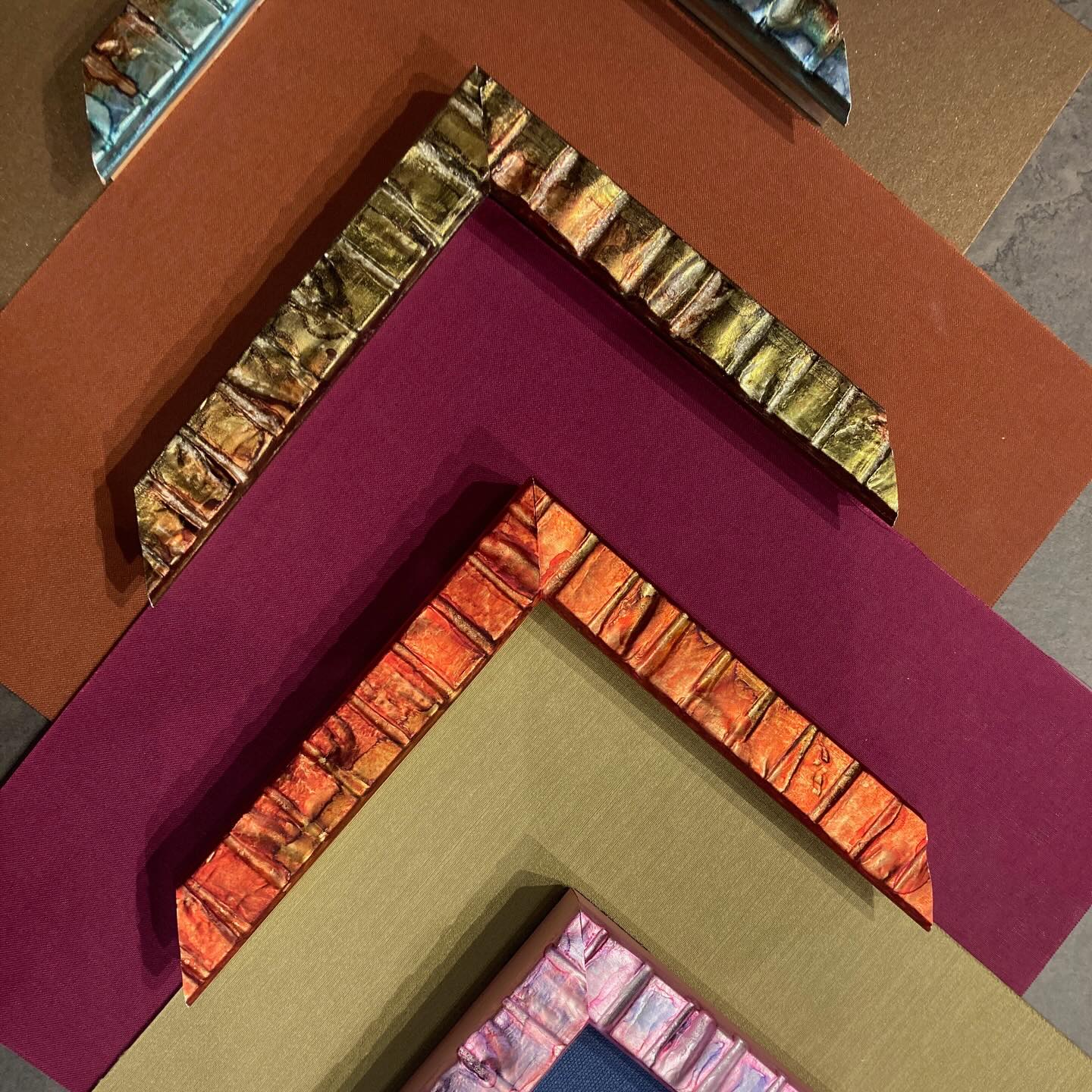 NEW frame samples paired with (what we think) killer mat color combinations! If you’re in, we’ll give you 10% off any of these combos through Saturday, May 2nd. We DARE you! #amci #crescentbrands #colorful #customframing #customartframing