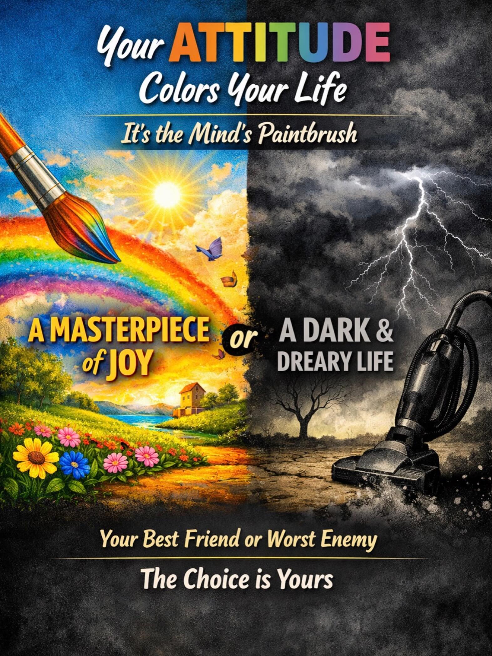 Your attitude colors every aspect of your life. It’s the mind’s paintbrush.
It can paint everything in bright, vibrant colors that create a masterpiece of joy people want to be around — or it can make everything dark and dreary, sucking the fun out of life like a vacuum.
We can try to mask our attitude and fool others for a little while, but that doesn’t last long.
Attitude is your best friend or worst enemy. It’s more honest and consistent about you than your words. It draws people to you or repels them. It’s the librarian of your past, the speaker of your present, and the prophet of your future.
You can choose your attitude — and how you show up.