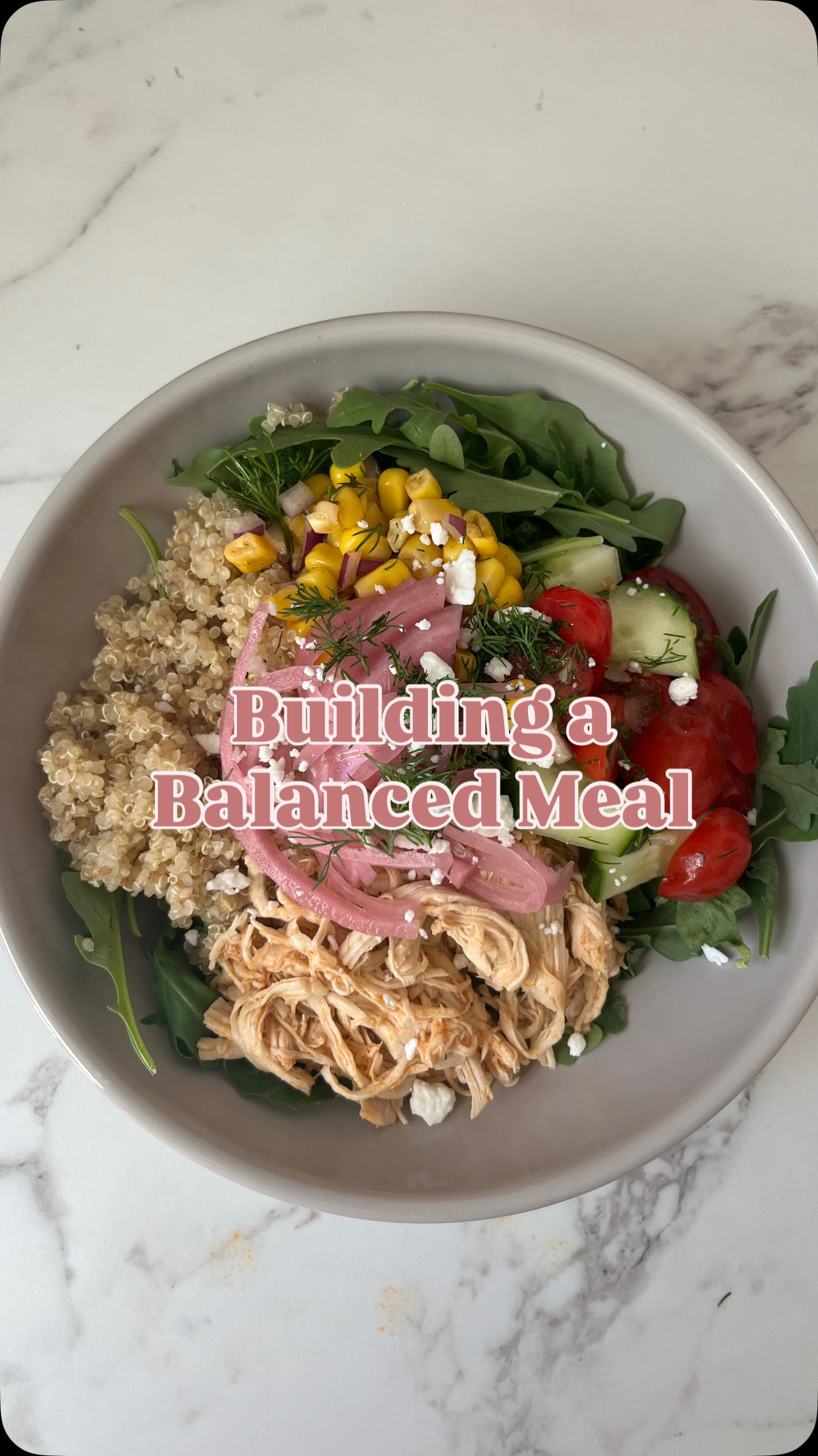 How can we build a balanced meal without tracking macros? Stick to the framework of half of your plate being veggies, some protein, a healthy fat, and some carbs (think complex carbohydrates!) This simple framework is easier than diving into macros! #functionalnutritionrx #foodisfuel #registereddietitian #functionalnutrition #healthyhabits