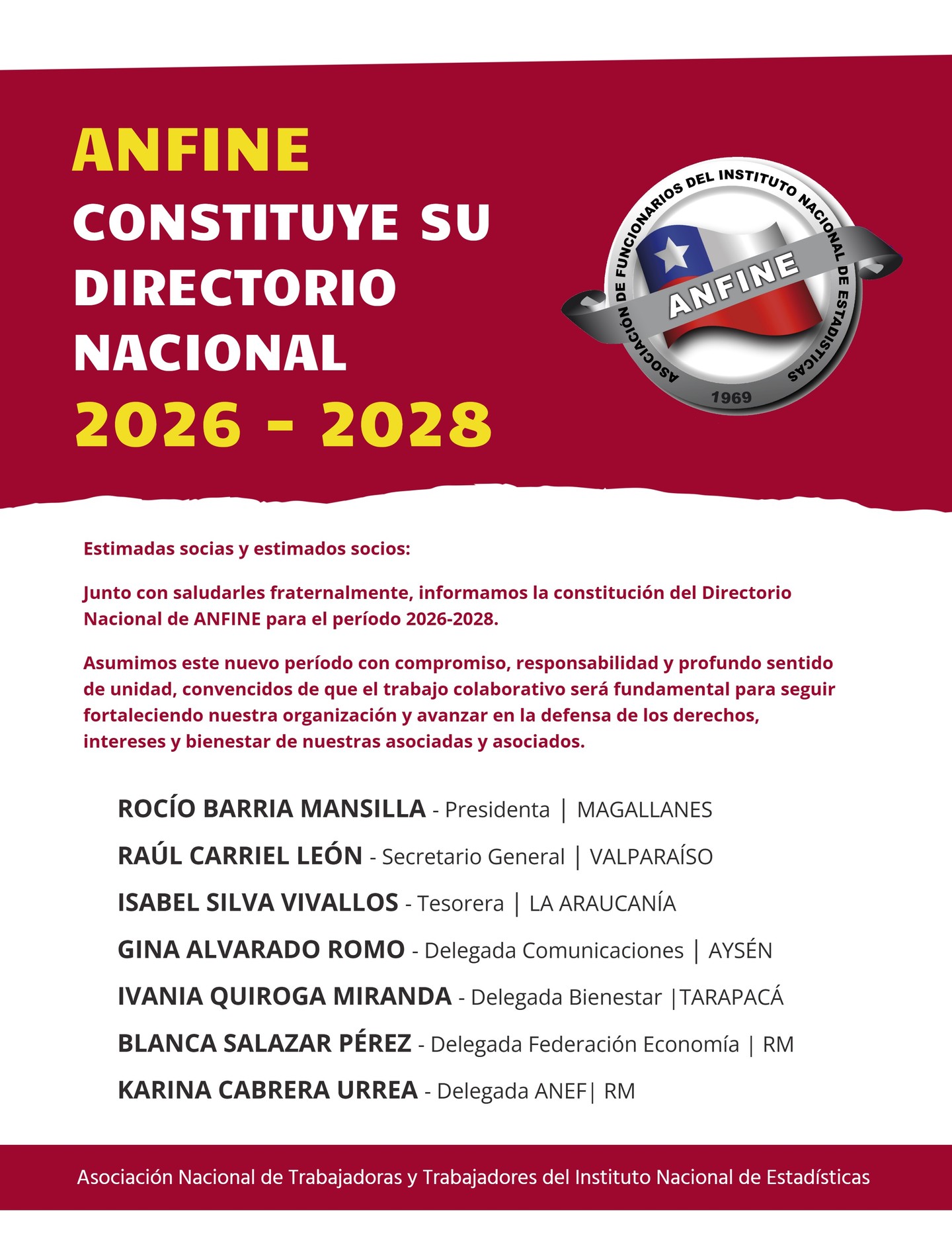 📌 ANFINE constituye su Directorio Nacional 2026–2028
🤝 Con un profundo sentido de unidad, compromiso y trabajo colaborativo, ANFINE informa la constitución de su Directorio Nacional para el período 2026–2028.
💪 Este nuevo ciclo estará orientado a seguir fortaleciendo nuestra organización y avanzar en la defensa de los derechos, intereses y bienestar de las trabajadoras y trabajadores del Instituto Nacional de Estadísticas.
✨ Saludamos fraternalmente a nuestras socias y socios, reafirmando que la participación, la unidad y el compromiso colectivo son fundamentales para enfrentar los desafíos que vienen.
#ANFINE #INE #DirectorioNacional #TrabajoColaborativo #UnidadGremial #DerechosLaborales
Visita 👉 www.anfine.cl
