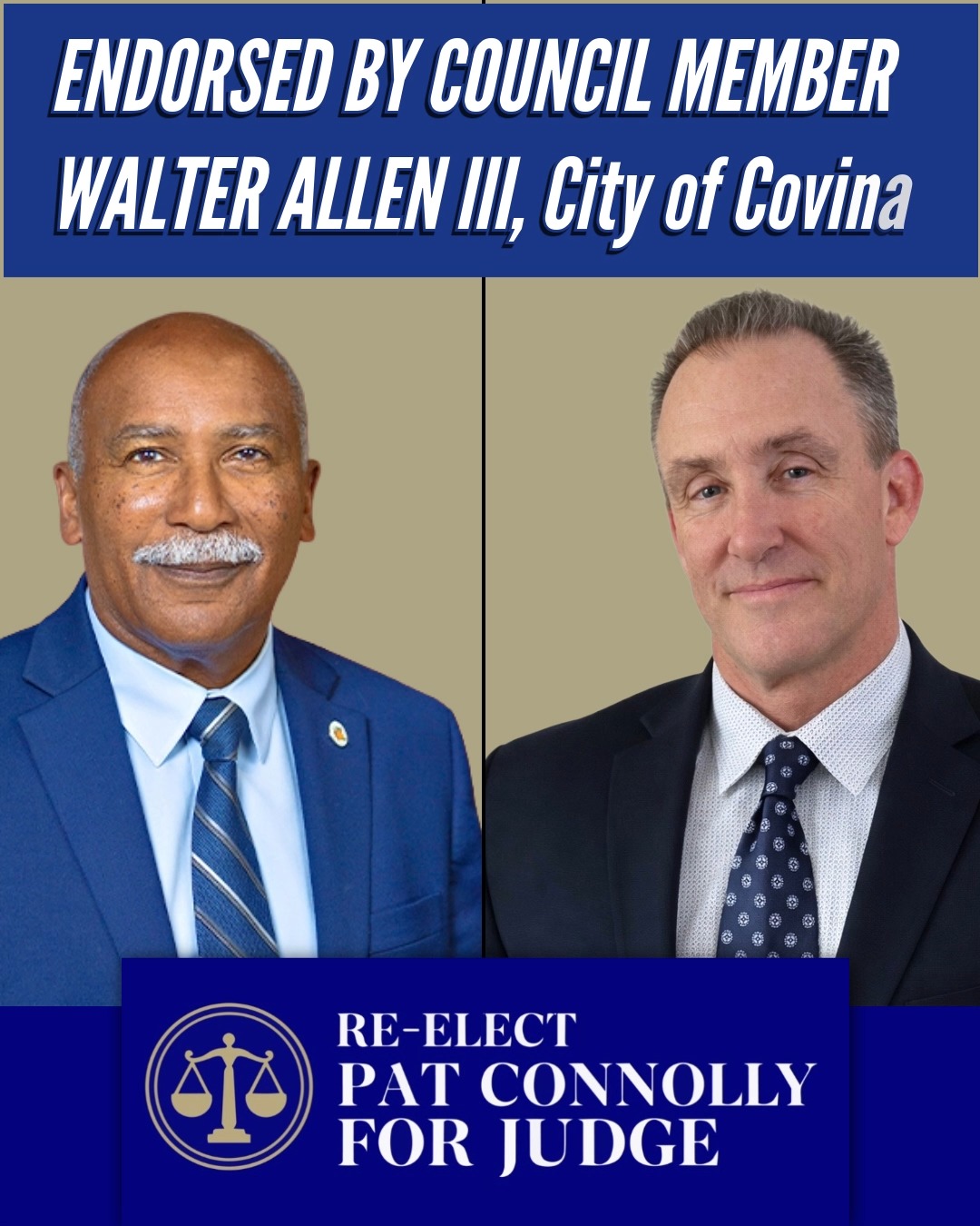 Honored to be endorsed by Covina City Council Member @waltallen3 Walter Allen III.
Council Member Allen has spent a career in public service, and his support means a great deal as I continue working to serve LA County with fairness, integrity, and experience.
Grateful for the endorsement and proud to stand with leaders who put community first.
Re-elect Judge Pat Connolly • Superior Court Office No. 116
🗳️ June 2, 2026
#PatConnollyForJudge #LASuperiorCourt