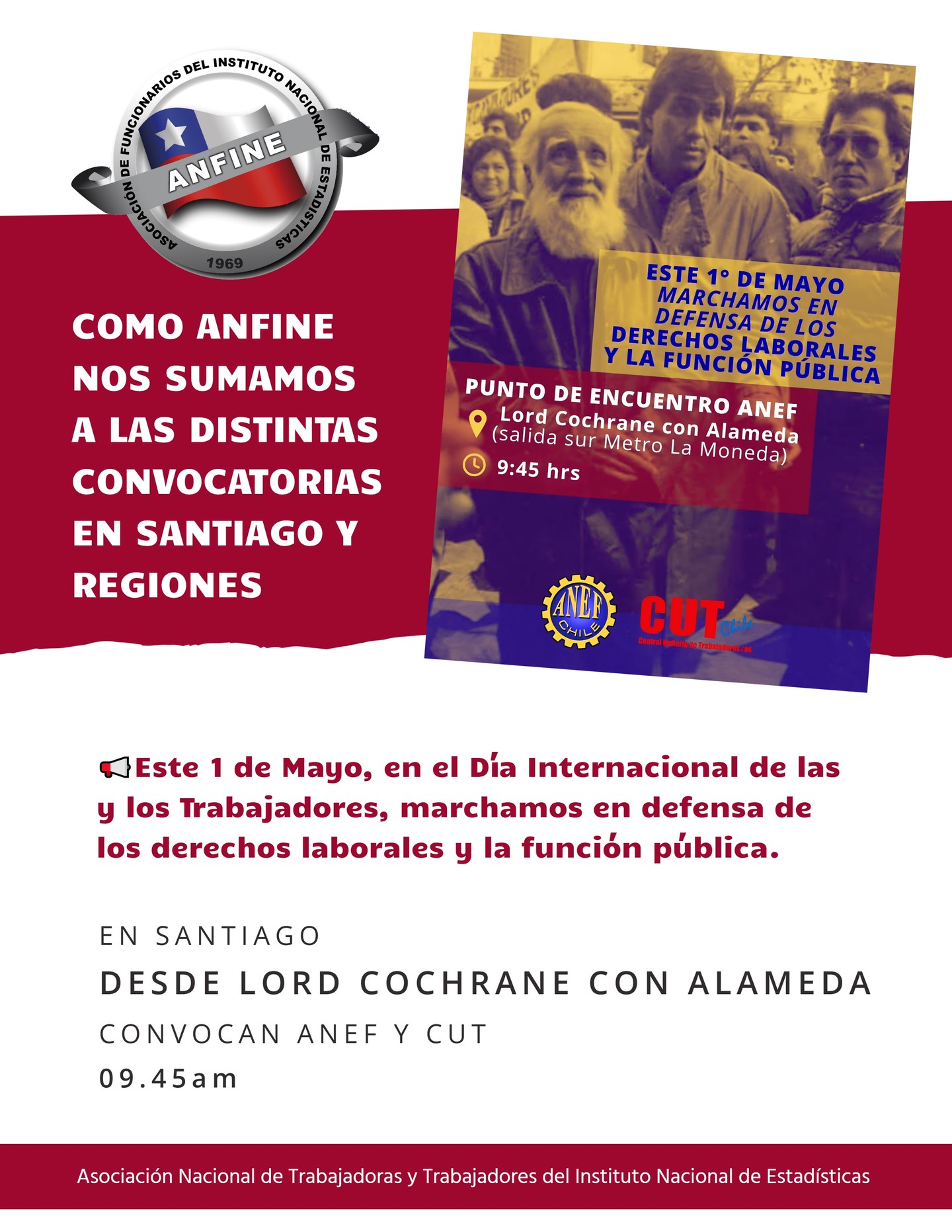 📢 ANFINE SE SUMA A LAS DISTINTAS CONVOCATORIAS DE ESTE 1° MAYO EN SANTIAGO Y REGIONES
Este 1 de Mayo, en el Día Internacional de las y los Trabajadores, marchamos en defensa de los derechos laborales y la función pública.
#ANFINECH Y #SINE
#ANEF #CUT #ANFINE #1Mayo #DíaDeLosTrabajadores #DefensaFunciónPública #DerechosLaborales
www.anfine.cl