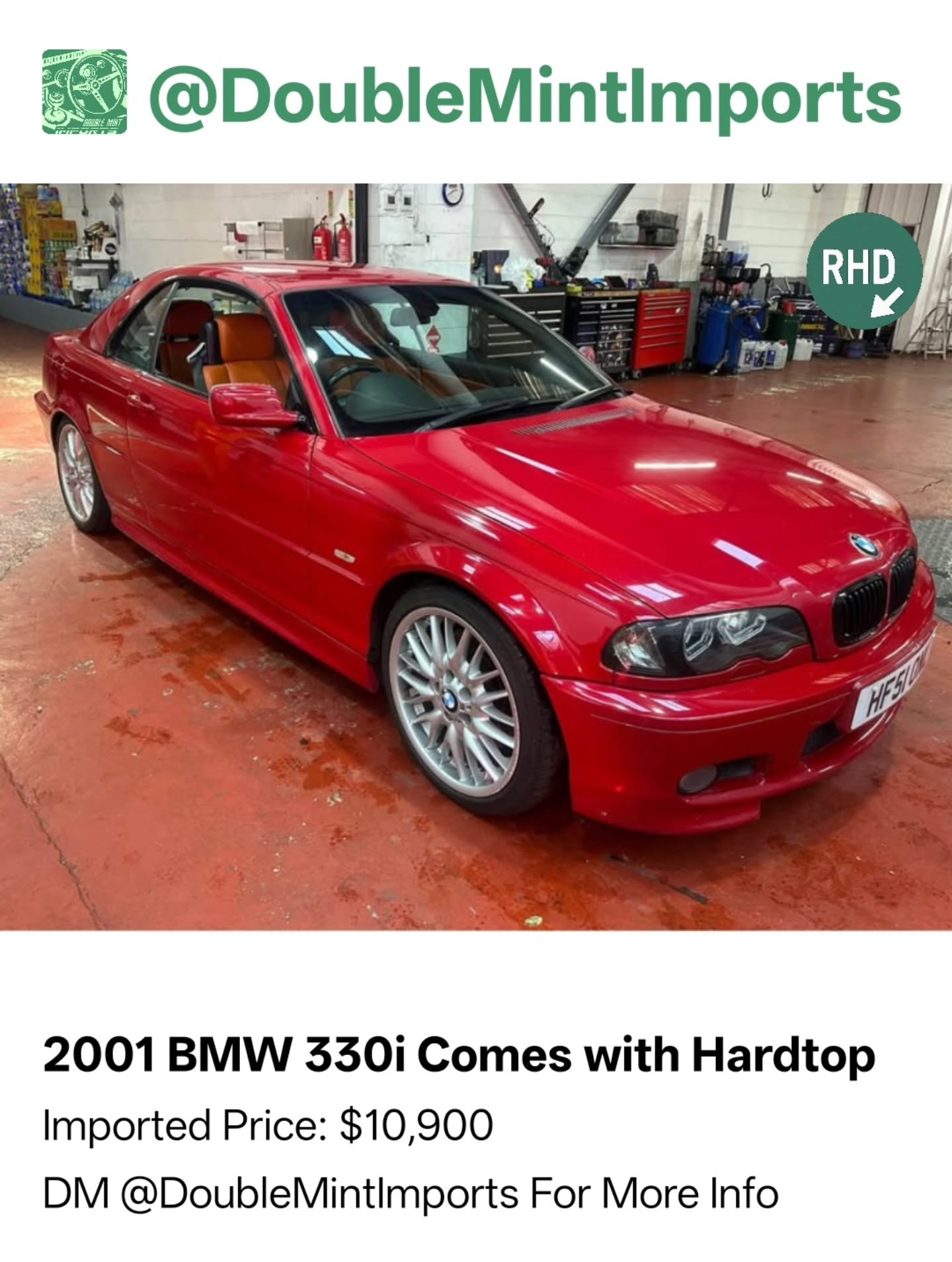 2001 BMW 330i Comes with Hardtop
Shipped Price(UK to NY): $10,900
(Includes All Fees: Conversion rate to USD, Shipping, Customs, UK Taxes and Admin Fees)
Mileage: 93,053
SELLERS DESCRIPTION:
2001 BMW
About this vehicle
Driven 93,053 km
Automatic transmission
Exterior color: Red · Interior color: Orange
Fuel type: Gasoline
Seller's description
Bmw 330ci convertible
Automatic (93053 miles)
Imola Red with hardtop
2001 ulez compatible
Mot and service history
Custom orange interior and lights
Trailing arm bushes replaced
Rear shock absorbers replaced
Discs and pads all round replaced
Brake fluid service
Lambda sensors replaced
Engine mount replaced
Fuel pump replaced
Rocker cover gasket replaced
Coolant bottle replaced
Joined Facebook in 2021
Random Quote: "Life is too short for boring cars."
****DM US FOR MORE INFO****
#bmw #330i #comes #hardtop #listed