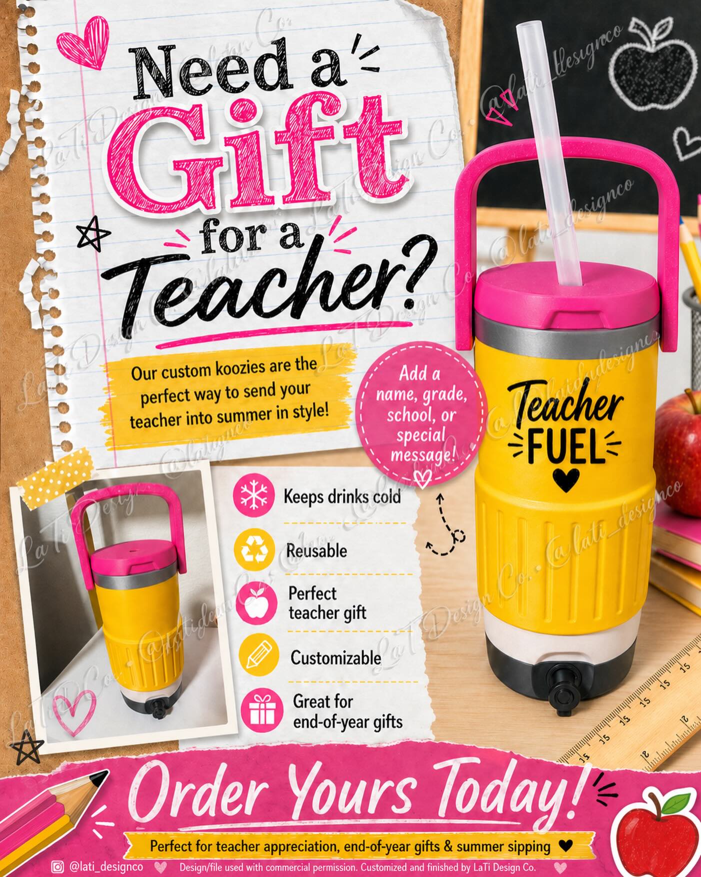 Our pencil-inspired skinny 12oz cooler koozies are the perfect way to send your favorite teacher into summer in style! Great for Teacher Appreciation, end-of-year gifts, classroom helpers, or a fun personalized surprise.
Each koozie can be customized with a name, school, grade, or special message.
Starting at $20
Message me or click our link to order yours today! πβοΈ
Design/file used with commercial permission. Customized and finished by LaTi Design Co.
