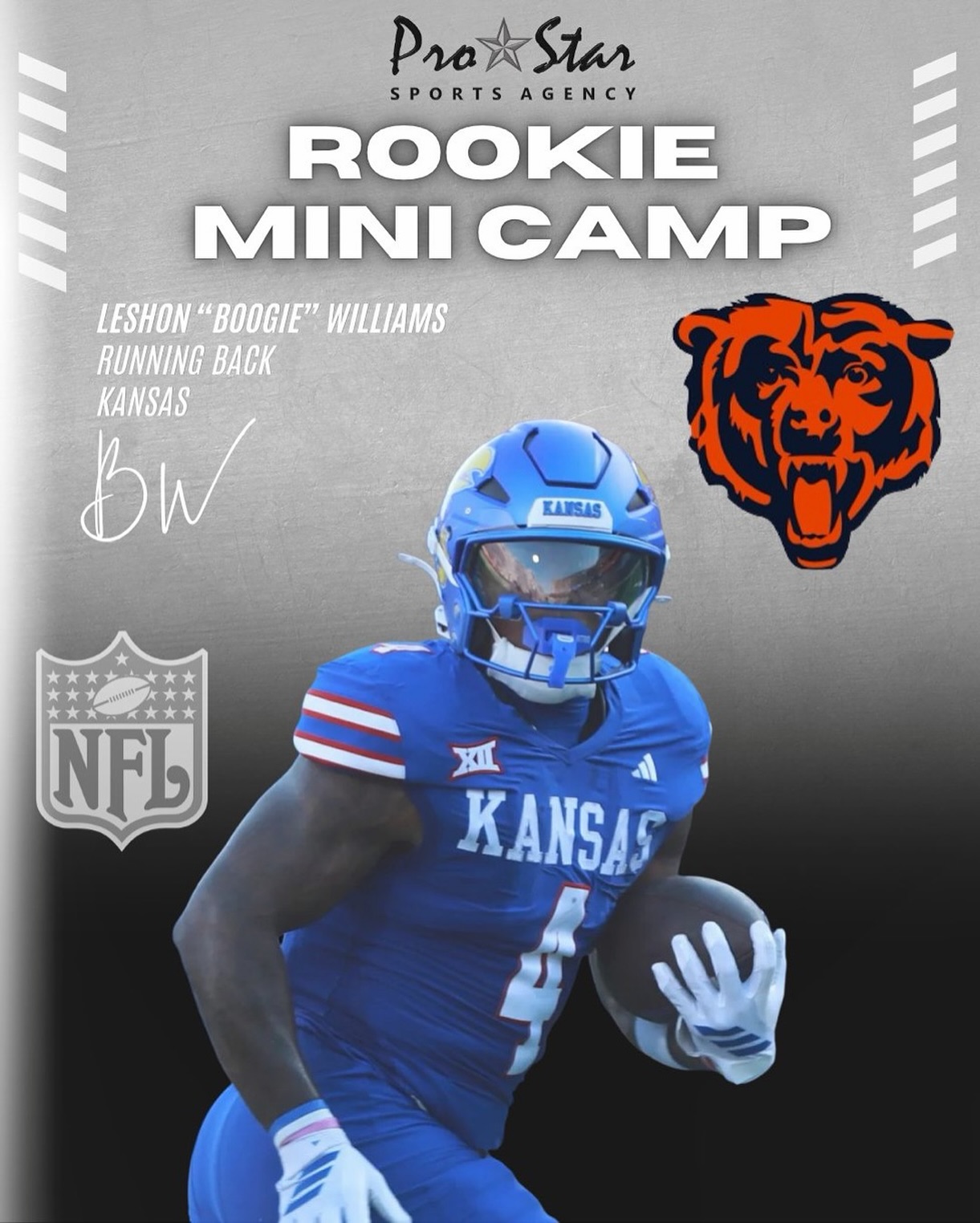 The first step in the journey! Congratulations to former @kufootball and @hawkeyefootball Leshon Williams on earning the opportunity to compete at the @chicagobears upcoming RMC! He chose the Bears over 4 other RMC offers. LET’S GO! #ProStarFamily