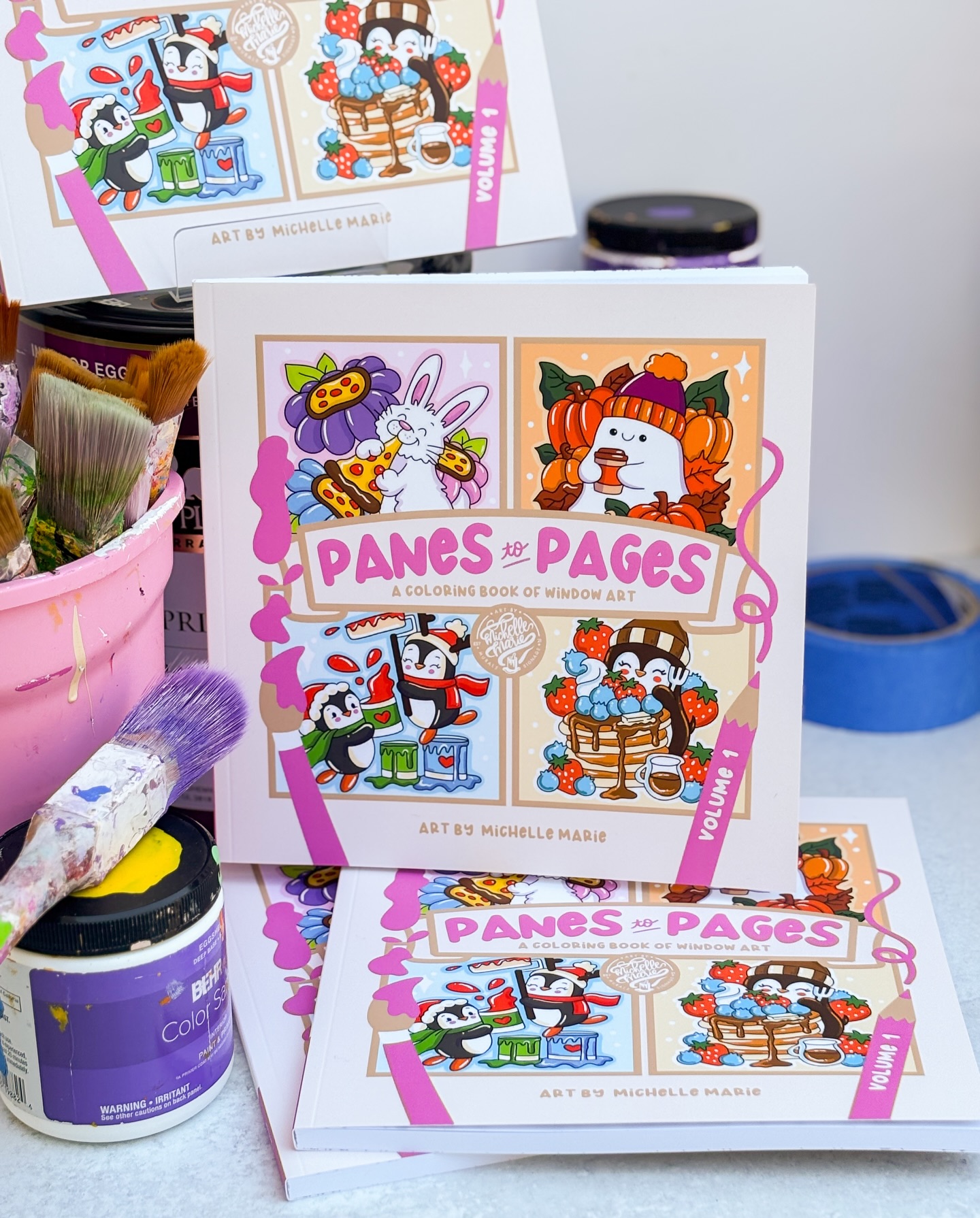 🚨!! Cover !! Reveal !!🚨Introducing:
•
Panes to Pages: A Coloring Book of Window Art 🎨🙊
•
Panes (as in… like… window panes…. get it?) and pages (as in like…coloring book pages… get it???) She is beauty she is grace. She has a cute quirky clever title and I love her!
•
And yes we had an entire photoshoot with her next to a can of @behrpaint 💜
•
Set your alarms for book launch day….. 👀 5/8 @7PM EST
•
•
#windowpainting #coloringbooks #artistprocess #illustrationprocess #artbymichellemarie