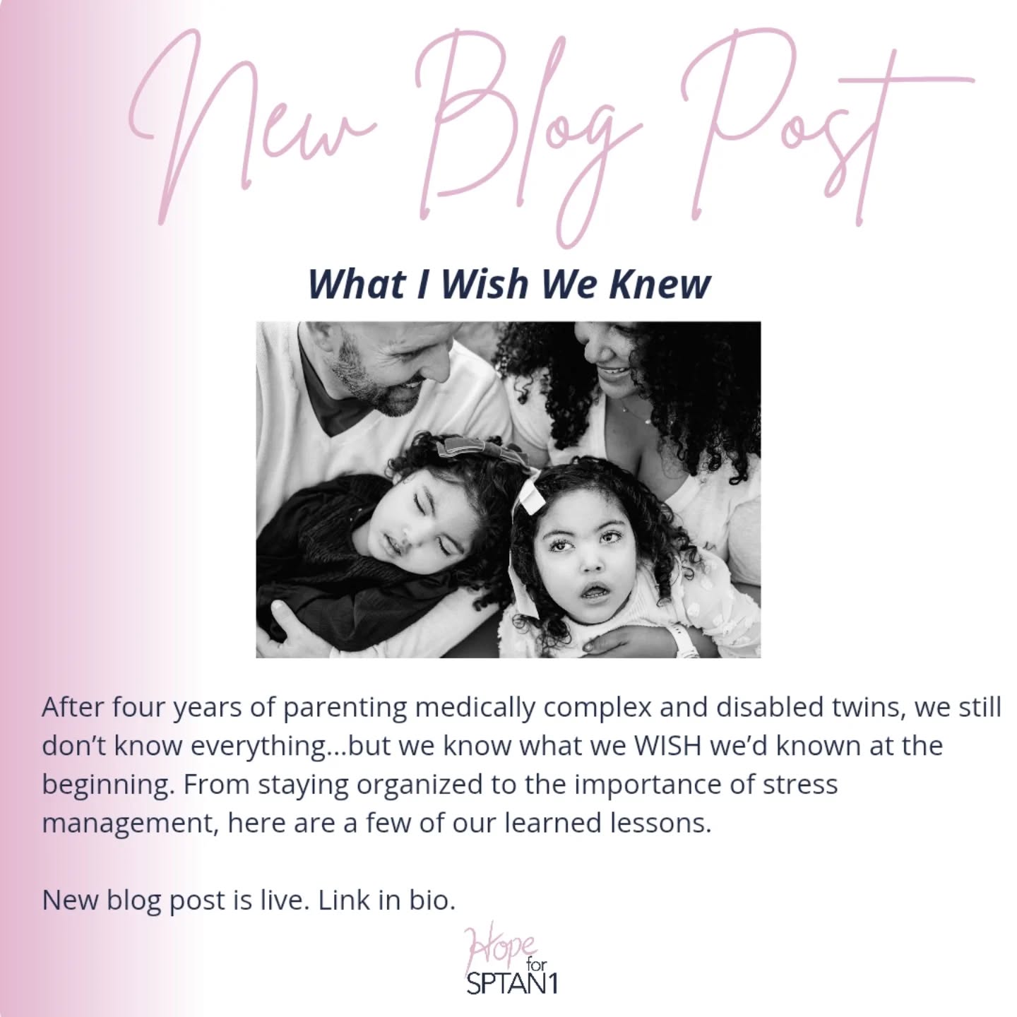 Looking back, there are a few things I wish I'd known when we first received our girls' diagnosis. At the time, I was overwhelmed, heartbroken, confused, and angry.
Four years later, I am so grateful to be in a better place and able to share a little of my own insights with other families experiencing that new diagnosis as well.
We learn from each other. We take each experience and find the lesson within, then pass it on.
Link to blog in bio.
#sptan1 #medicalparent #RareDiseaseCommunity