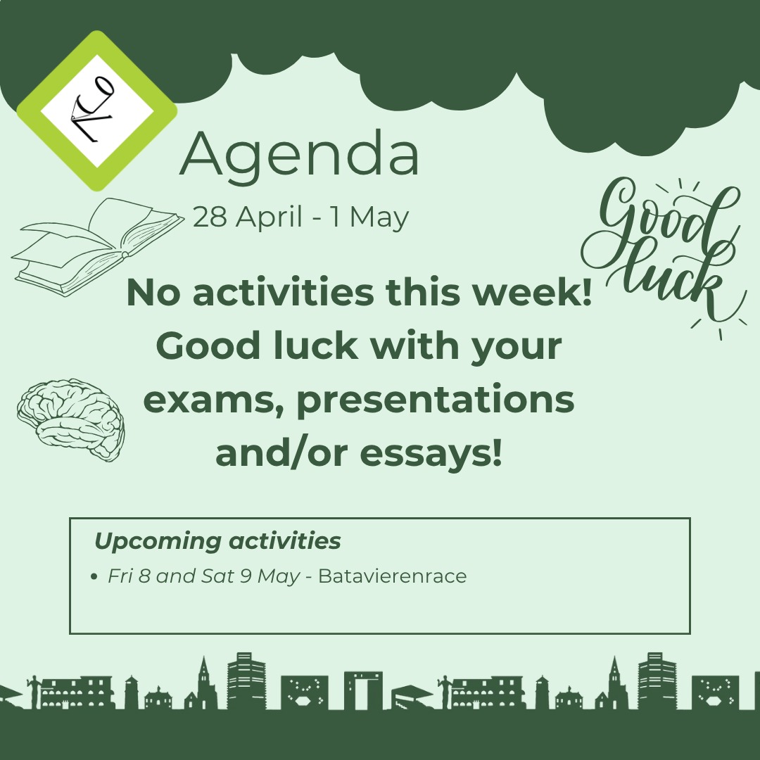 💚No Activities This Week💚
Next weeks:
Batavierenrace
Join in the largest relay race of Europe! You can run anywhere between 2,5km and 10km. Afterwards the biggest student party of the BeNeLux will take place!