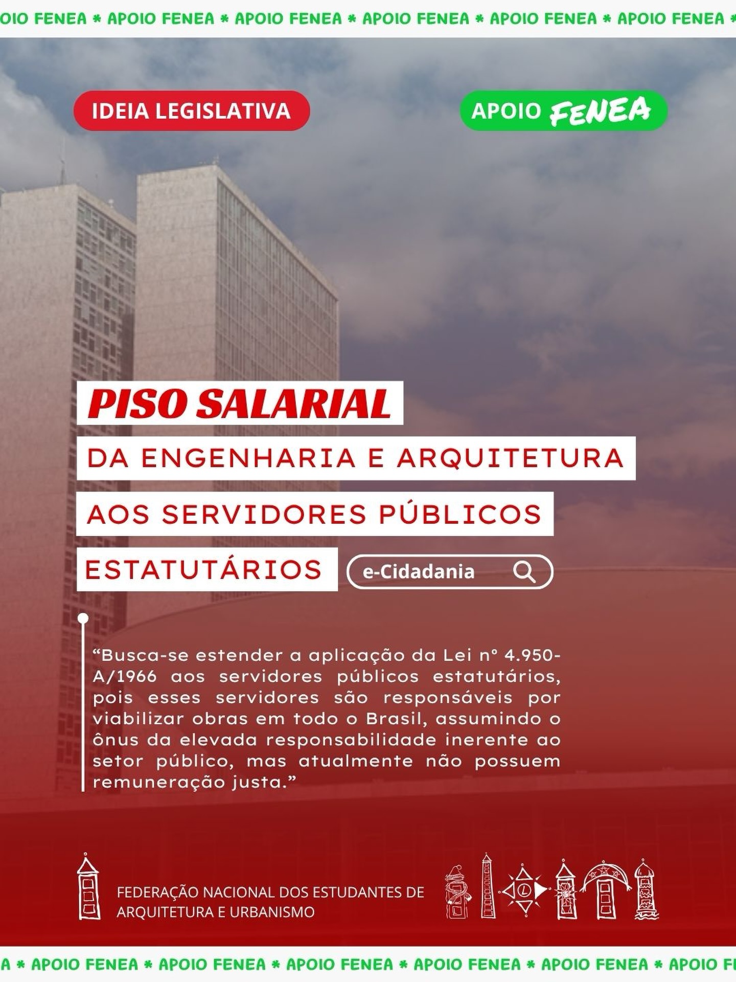 Dentro da faculdade a gente pensa muito no que vai ser depois de formar.
Muita gente vai trabalhar em escritório. Mas muita gente também vai prestar concurso, procurando uma vida mais estável.
Só que tem um ponto, no serviço público estatutário o piso profissional nunca virou regra. A Lei 4.950-A é de 66, mas desde 71 uma Resolução do Senado suspende a aplicação dela para estatutários.
Por isso, está aberta no Senado uma Ideia Legislativa que busca garantir o piso para servidores estatutários da engenharia e da arquitetura. A proposta também fala em criar um fundo para viabilizar esse piso.
Quando o trabalho técnico é desvalorizado, todo mundo perde. Quem trabalha perde renda e reconhecimento. Quem está se formando encontra menos perspectiva. E as cidades perdem capacidade de planejamento e de execução, porque faltam equipes técnicas valorizadas dentro do Estado.
Entra no link na bio, se informa e compartilha com a turma. Vale levar esse debate para a sala, para o estágio e para o CA.
#FeNEA #ArquiteturaEUrbanismo #ServiçoPúblico #PisoSalarial #ValorizaçãoProfissional
