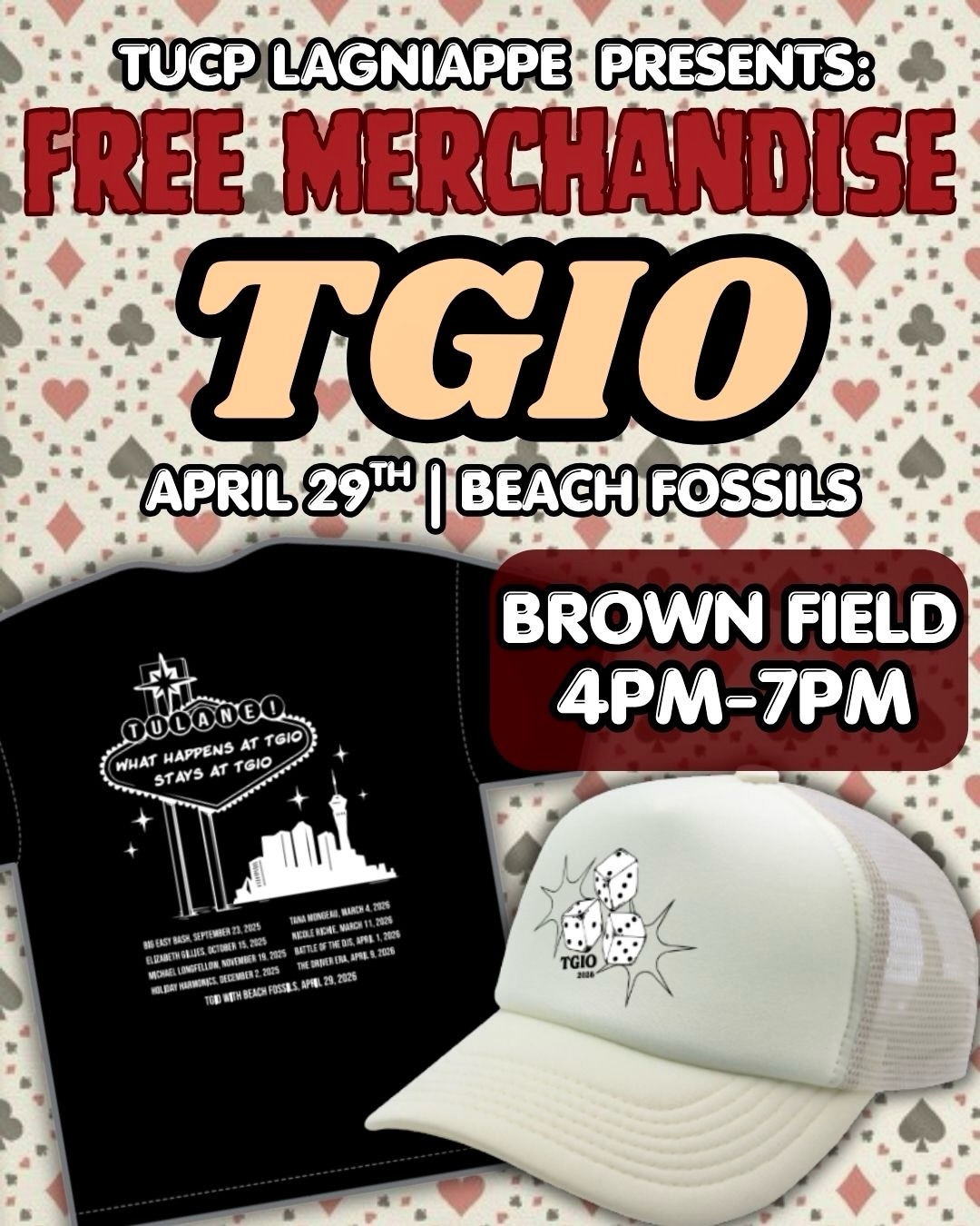 What happens at TGIO… stays at TGIO‼️Join us THIS WEDNESDAY, April 29th, from 4-7PM at Brown Field to celebrate the last day of classes ♣️♥️ We have a TON of FREE MERCHANDISE to giveaway throughout the event! Shirts 👕 and hats 🧢 will be available to all attendees while supplies last!
Stop by and enjoy some stellar music from @travellertheband , @samlupoharris , and @beachfossilsnyc 🎶🎤 Stay tuned for more information on our FREE FOOD giveaway, the giveaway schedule, and vendor lineup!!!