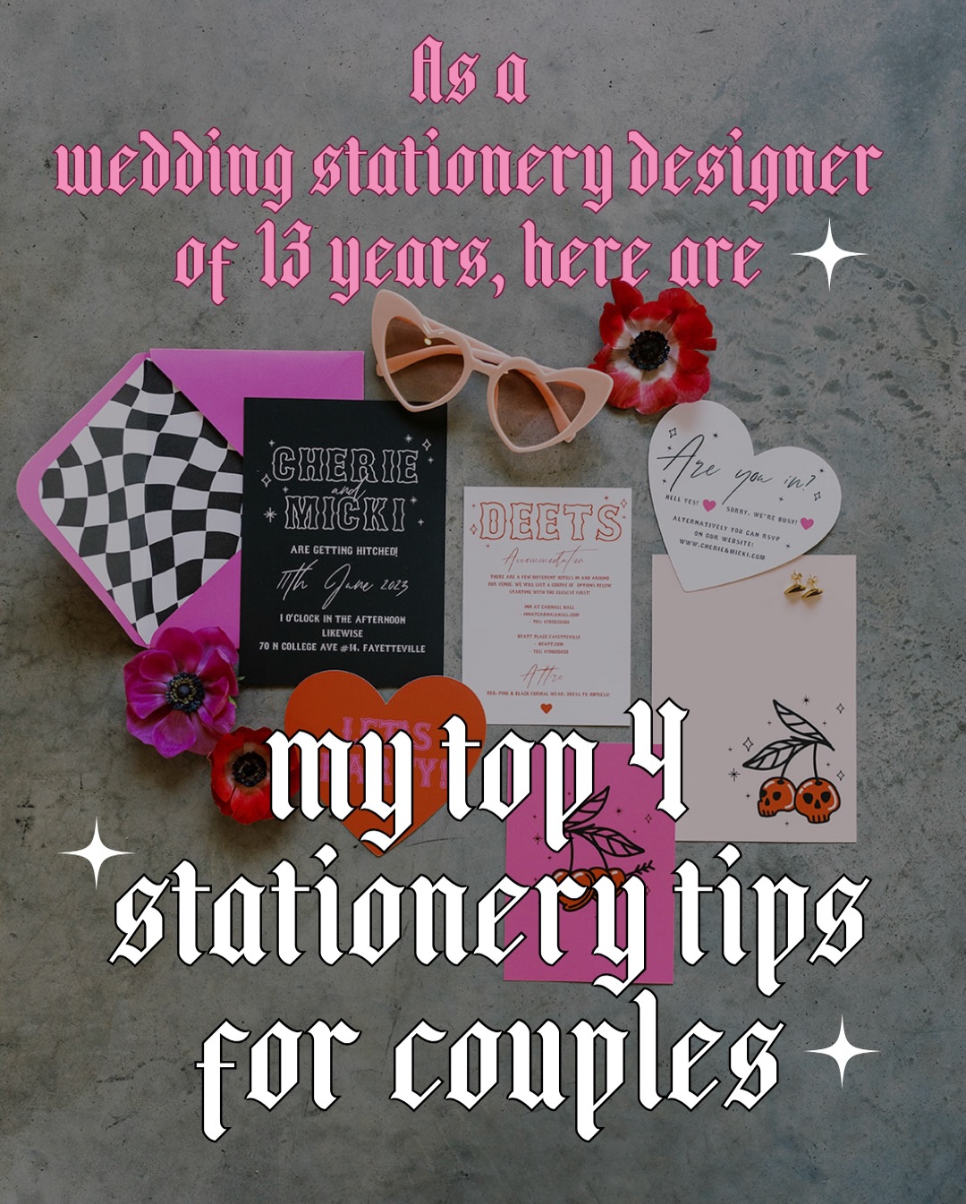 Over a decade of working as a wedding stationer has taught me that beautiful stationery isn’t just about how it looks, it’s about how the whole process feels.
These are my top tips based on things I’ve learned along the way to help make it smooth, stress-free, and enjoyable. From starting earlier than you think, to guiding your guests with clear arrival times, to choosing simple upgrades like printed envelopes that save hours (and a lot of effort).
If you’d like to book me as your wedding stationer and start your wedding stationery journey with me, drop me a line using the link in my bio! #altstationery #weddinginvitations #rocknrollwedding #vegaswedding #coolwedding
