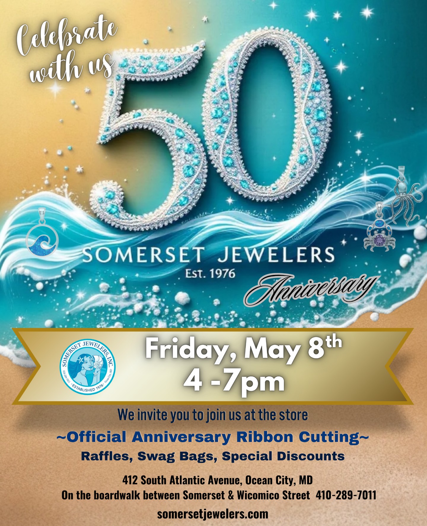 Mark your calendar ✨ Save the date for May 8th
Celebrating 50 years, Somerset Jewelers continues a legacy of timeless jewelry and unforgettable moments, made possible by generations of loyal patrons and shared milestones.
Join us from 4–7 PM as we celebrate this milestone with exclusive promotions, raffles, and more. The official ribbon cutting with the @ocmd_chamber_of_commerce_ will take place at 4:30 PM.
#SomersetJewelers #OCMDLife #OceanCityMaryland #AnniversaryEvent #50YearsStrong #JewelryStore #ShopSmallMD #OCMDShopping #CoastalStyle #CelebrateInStyle #SterlingSilver #SterlingSilverJewelry