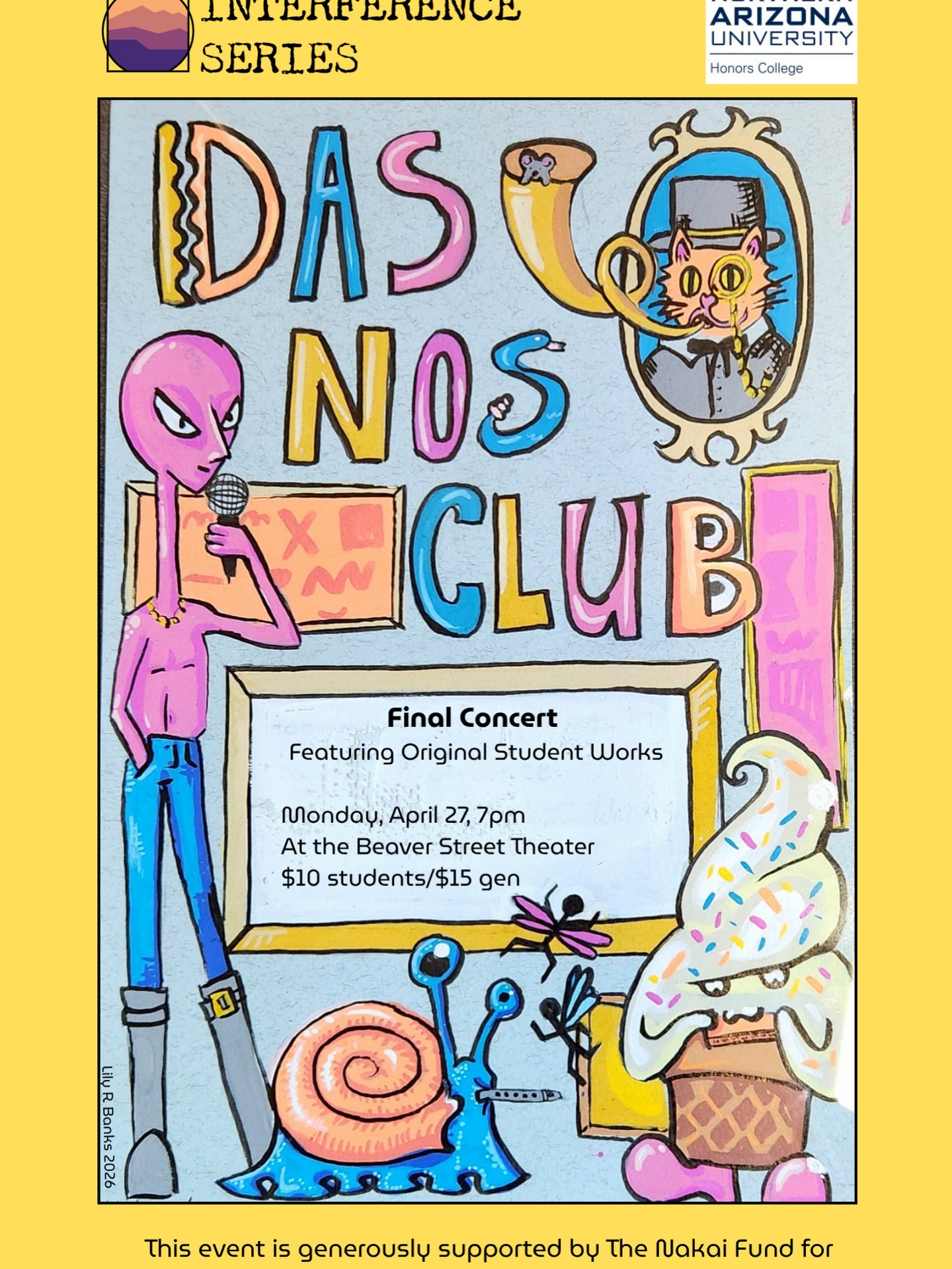 🔥 Tonight @beaverstreettheatre !!
The Interference Series is excited to present this spring’s version of Das Nohs Club, the ensemble comprised of students from co-curator Rob Wallace’s NAU Honors College course Performance in Practice: Improvisation, Music, Performance Art, and Beyond. The course is an undergraduate ensemble dedicated to improvisation, experimental musics, and intermedia/multimedia performances. It is open to all majors and all skill levels (even “non-musicians” or “non-artists”). Students learn and perform a wide variety of musics and other performance traditions including improvisation, performance art, and other elements typically overlooked in mainstream Western artistic practice. This course is officially funded by a generous donation from R. Carlos Nakai and Pamela Hyde-Nakai, who believe in the transformative power of the arts and music. An NAU alum, R. Carlos is the world’s premier performer of the Native American flute, selling more than 4 million albums and earning eleven GRAMMY nominations. You can learn more about R. Carlos and his passion for music and performance on his website. Join Das Nohs Club for an evening of original and inspiring original compositions!