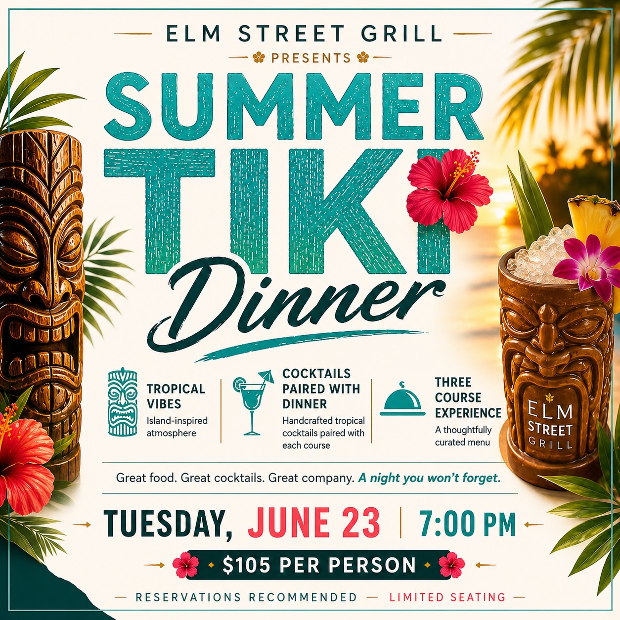 🌺 Summer Tiki Dinner is calling…
An evening of tropical vibes, handcrafted cocktails, and a curated 3-course dinner—designed to feel like a mini escape.
📅 June 23 | 6:30 PM
💲 $105 per person
We won’t give everything away… but trust us, this is one night you’ll want to be part of.
✨ Limited seating. Reserve your spot
#AtElmStreetGrill #ChefRuchiK #TikiDinner #GreensboroEats #NCFoodScene SummerNights