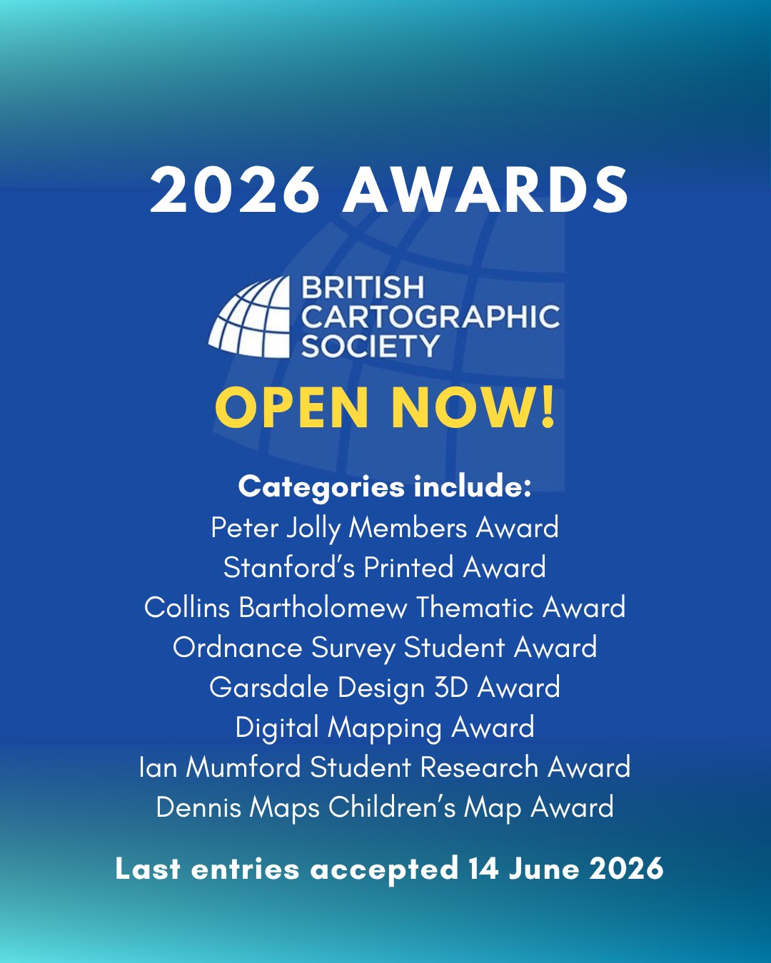 š BCS Awards 2026 š
Entries open until 14th June. Thank you to all our sponsors, judging panels and supporters who make this an amazing competition to be involved in and help celebrate the best mapping in the world!
Get your entries in now!
https://buff.ly/YvzyKf5