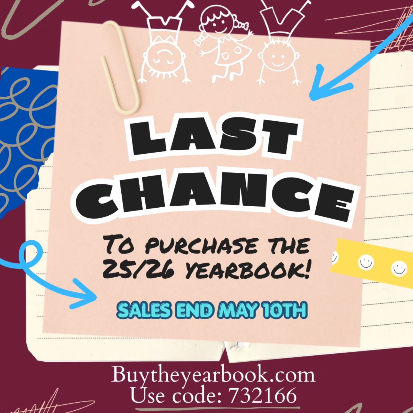 Only two weeks left to buy this school year’s yearbook!
Yearbook sales end Sunday, May 10th. Buy your 25/26 yearbook at our Yearbook Website now!
*Yearbooks will NOT be provided to 5th graders unless they are purchased before the deadline*