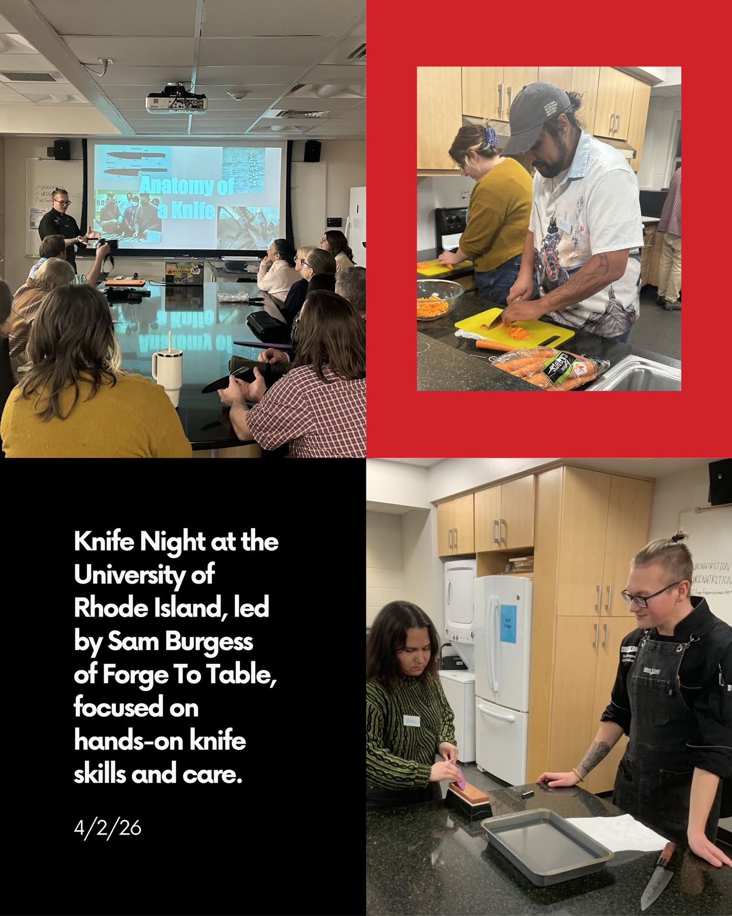 Earlier this month, our very own Sam Burgess, VP of Culinary & Outreach at Forge To Table, led “Knife Night” at the University of Rhode Island. He guided a group of 20 or so through knife skills, care, and maintenance, covering whetstone sharpening and proper honing.
Saving knives from the dishwasher and keeping blades sharp, one class at a time. 🔪 Go Sam!
Read the full story via the link in our bio, featured in The Providence Journal.