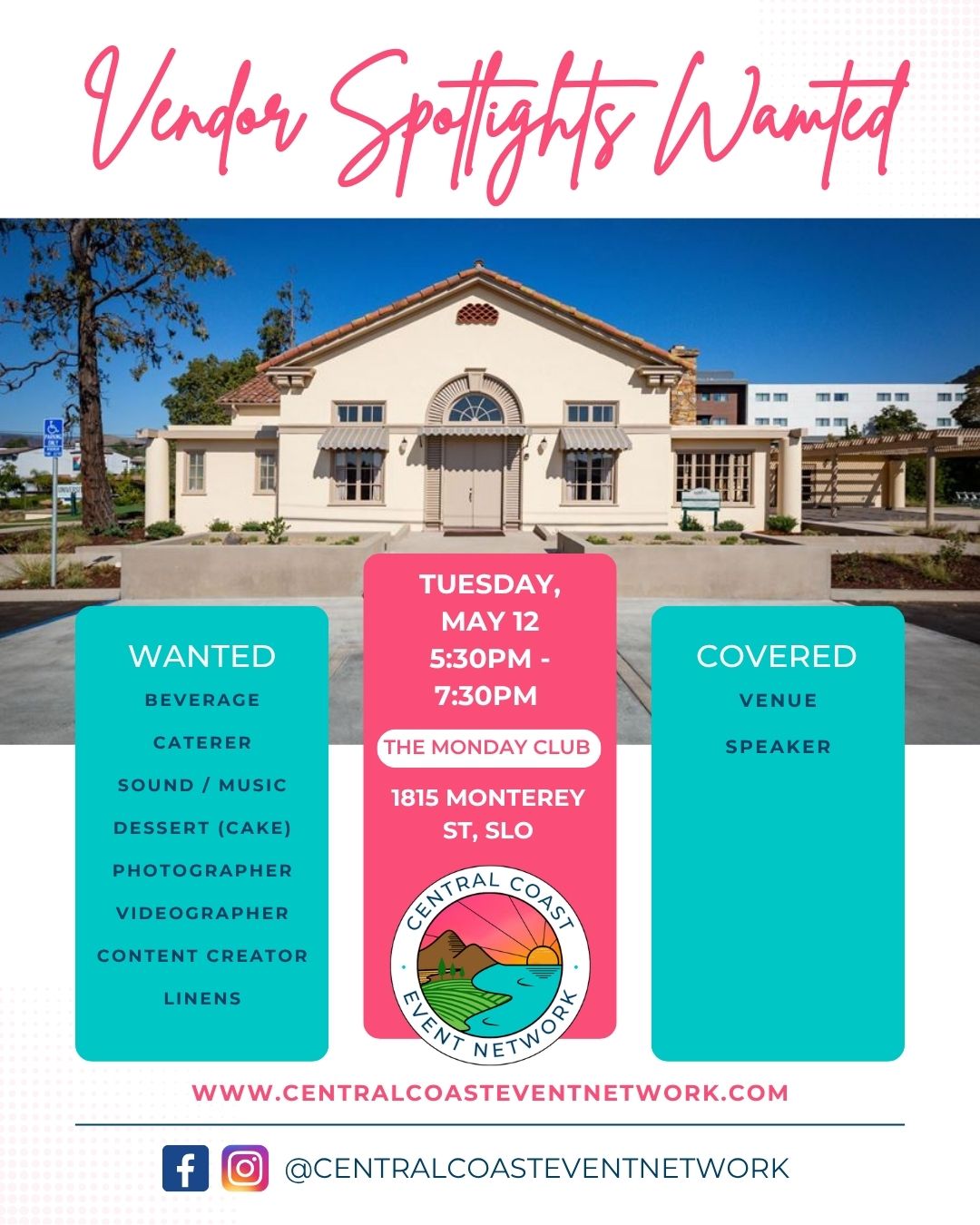 ✨ 𝗖𝗮𝗹𝗹𝗶𝗻𝗴 𝗔𝗹𝗹 𝗖𝗲𝗻𝘁𝗿𝗮𝗹 𝗖𝗼𝗮𝘀𝘁 𝗣𝗿𝗼𝘀: 𝗚𝗲𝘁 𝗶𝗻 𝘁𝗵𝗲 𝗦𝗽𝗼𝘁𝗹𝗶𝗴𝗵𝘁! ✨
We are celebrating a huge milestone at our next 𝗠𝗶𝘅 & 𝗟𝗲𝗮𝗿𝗻, and we want 𝗬𝗢𝗨 to be a part of the magic! Join us as we commemorate 𝟯 𝘆𝗲𝗮𝗿𝘀 of serving the Central Coast event industry.
This is more than just a mixer; it’s a chance to showcase your craft, build gold-standard referrals, and give back to the event community that keeps us all thriving.
📅 𝗧𝗵𝗲 𝗗𝗲𝘁𝗮𝗶𝗹𝘀
𝗪𝗵𝗲𝗻: Tue, May 12, 2026
𝗧𝗶𝗺𝗲: 5:30 – 7:30 PM
𝗪𝗵𝗲𝗿𝗲: The Monday Club, SLO @mondayclubevents
𝗘𝗱𝘂𝗰𝗮𝘁𝗶𝗼𝗻: Special guest 𝗞𝗮𝗺 𝘄𝗶𝘁𝗵 𝗖𝗼𝗻𝘁𝗲𝗻𝘁 𝗯𝘆 𝗞𝗮𝗺 will be teaching us how to master visibility & marketing through content! @contentbykam
🔍 𝗪𝗵𝗼 𝗪𝗲’𝗿𝗲 𝗟𝗼𝗼𝗸𝗶𝗻𝗴 𝗙𝗼𝗿:
To make this anniversary celebration unforgettable, we are seeking the following licensed & insured professional partners:
🍱 𝗖𝗮𝘁𝗲𝗿𝗲𝗿: Provide light bites or appetizers
🥤 𝗕𝗲𝘃𝗲𝗿𝗮𝗴𝗲: Provide water & refreshing drinks
🎶 𝗦𝗼𝘂𝗻𝗱 & 𝗠𝘂𝘀𝗶𝗰: Light networking tunes + microphone for our speakers
🍰 𝗗𝗲𝘀𝘀𝗲𝗿𝘁: We need a 3-year anniversary treat! (Cake, cupcakes, or creative sweets).
📸 𝗣𝗵𝗼𝘁𝗼𝗴𝗿𝗮𝗽𝗵𝗲𝗿: Capture the venue, the guests, and the vibe
🎥 𝗩𝗶𝗱𝗲𝗼𝗴𝗿𝗮𝗽𝗵𝗲𝗿: Document the evening’s highlights
📱 𝗖𝗼𝗻𝘁𝗲𝗻𝘁 𝗖𝗿𝗲𝗮𝘁𝗼𝗿: Create trendy, shareable content for our socials
🧺 𝗟𝗶𝗻𝗲𝗻𝘀: Provide table coverings to dress up the space
🚀 𝗪𝗵𝘆 𝗦𝗽𝗼𝘁𝗹𝗶𝗴𝗵𝘁 𝘄𝗶𝘁𝗵 𝗖𝗖𝗘𝗡?
Our network is built on the power of 𝘃𝗼𝗹𝘂𝗻𝘁𝗲𝗲𝗿𝗶𝘀𝗺 𝗮𝗻𝗱 𝗰𝗼𝗻𝘁𝗿𝗶𝗯𝘂𝘁𝗶𝗼𝗻. Because we offer free membership & free event entry, we rely on the generosity of pros like you
𝗦𝗵𝗼𝘄𝗰𝗮𝘀𝗲 𝗬𝗼𝘂𝗿 𝗧𝗮𝗹𝗲𝗻𝘁: Get your work directly in front of your peers
𝗕𝘂𝗶𝗹𝗱 𝗥𝗲𝗳𝗲𝗿𝗿𝗮𝗹𝘀: There is no better way to get recommended than by letting pros see you in action
𝗖𝗼𝗺𝗺𝘂𝗻𝗶𝘁𝘆 𝗟𝗼𝘃𝗲: Be a vital part of the collaborative spirit on the Central Coast.
𝗩𝗶𝘀𝗶𝗯𝗶𝗹𝗶𝘁𝘆 𝗕𝗼𝗼𝘀𝘁: Your work will be captured & shared by our media team across all social platforms!
📝 𝗥𝗲𝗮𝗱𝘆 𝘁𝗼 𝗝𝗼𝗶𝗻 𝗼𝘂𝗿 𝗨𝗽𝗰𝗼𝗺𝗶𝗻𝗴 𝗠𝗶𝘅𝗲𝗿'𝘀 𝗩𝗲𝗻𝗱𝗼𝗿 𝗧𝗲𝗮𝗺?
Signing up is easier than ever! Head over to our website to submit your application at the bottom of the page.
👉 𝗔𝗽𝗽𝗹𝘆 𝗛𝗲𝗿𝗲: https://www.rfr.bz/ie1f511
𝘕𝘰𝘵𝘦: 𝘛𝘰 𝘱𝘳𝘰𝘵𝘦𝘤𝘵 𝘰𝘶𝘳 𝘷𝘦𝘯𝘶𝘦𝘴 & 𝘢𝘵𝘵𝘦𝘯𝘥𝘦𝘦𝘴, 𝘢𝘭𝘭 𝘴𝘱𝘰𝘵𝘭𝘪𝘨𝘩𝘵 𝘷𝘦𝘯𝘥𝘰𝘳𝘴 𝘮𝘶𝘴𝘵 𝘣𝘦 𝘱𝘳𝘰𝘱𝘦𝘳𝘭𝘺 𝘭𝘪𝘤𝘦𝘯𝘴𝘦𝘥, 𝘪𝘯𝘴𝘶𝘳𝘦𝘥, & 𝘱𝘦𝘳𝘮𝘪𝘵𝘵𝘦𝘥.
https://www.rfr.bz/i5f0