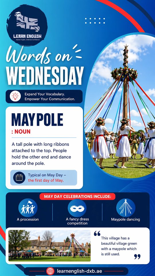 Welcome to #wordsonwedneaday today's #newword is #maypole do you know how to use this word? Have you ever #dancedaround a maypole ? #learnenglish