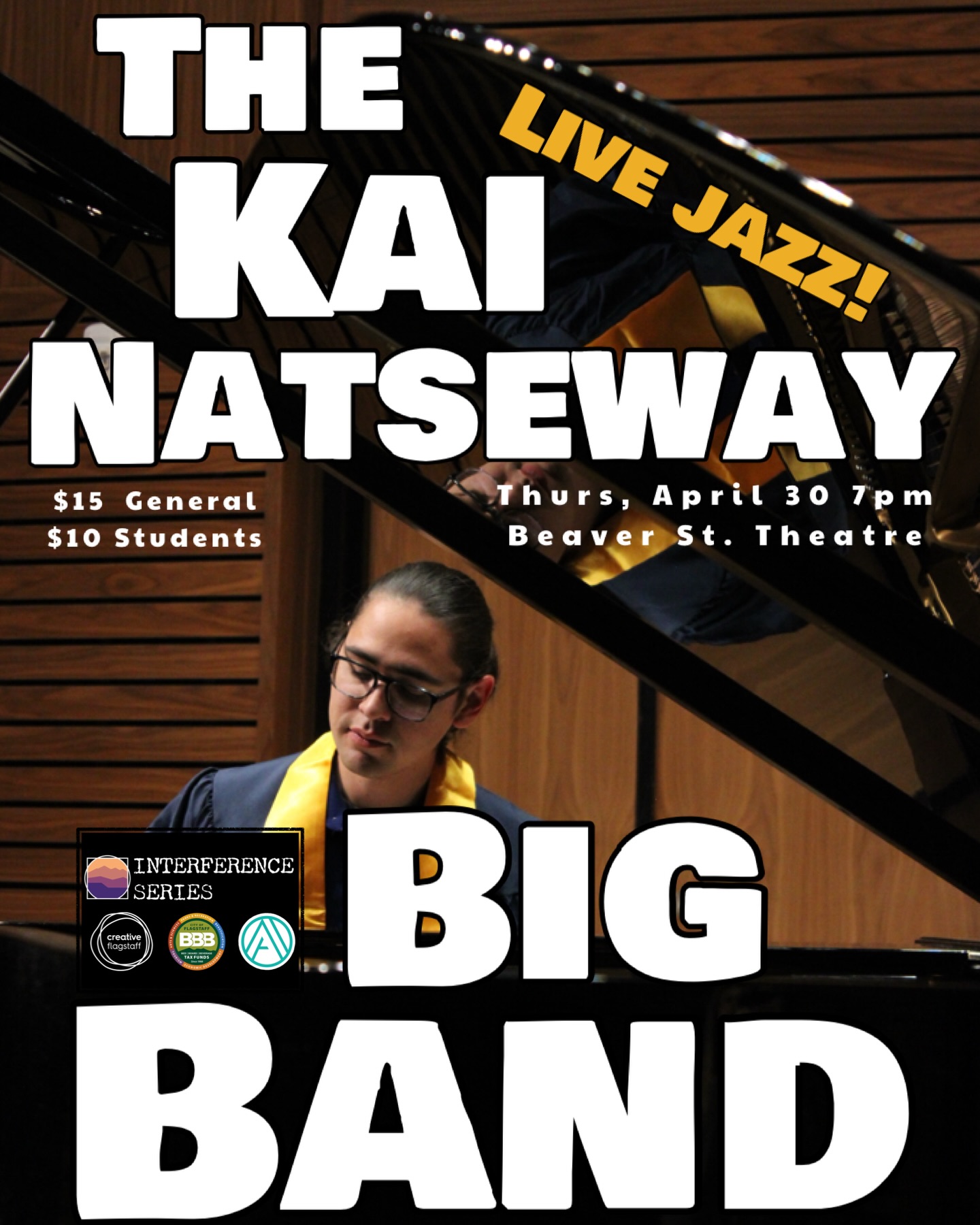 🎷 This Thursday @beaverstreettheatre !!!
On April 30th at the Beaver Street Theatre, The Interference Series presents the Kai Natseway Big Band. This band will feature a blend of flagstaff locals, NAU students, and out-of-towners to collaborate and bring the original music of Kai Natseway to life! The music will include tunes from Kai’s growing songbook; some that you may recognize from gigs around town and some entirely new compositions being premiered for the first time! With influences from popular music to the avant-garde, Kai hopes that his tunes will provide food for the mind, as well as inspiration for the hips.