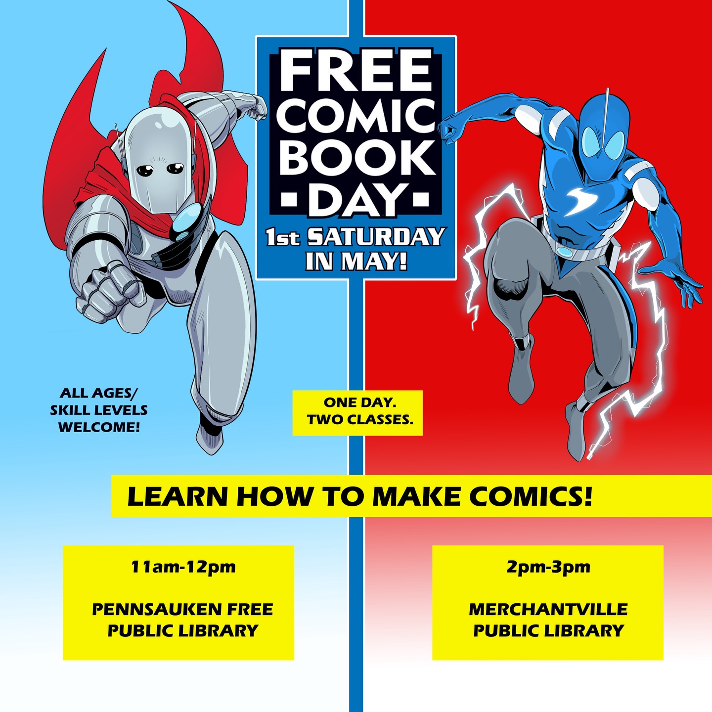 This Saturday is Free Comic Book Day and I’ll be doing my first ever double header. That’s right. First I’ll be hosting a comic book lesson at the brand new Pennsauken Library (my 1st appearance there) at 11am. Then I’ll race down the street for my 2nd lesson at Merchantville Library at 2pm. All skill levels/ages welcome! I love talking about comics and teaching comics so I’ll be thrilled to see you there (or both!) Grab some free comics and then learn how to make your own!
#TheBolt #Anomaly #SkullBoy#CamdensComics
#CreatorOwned