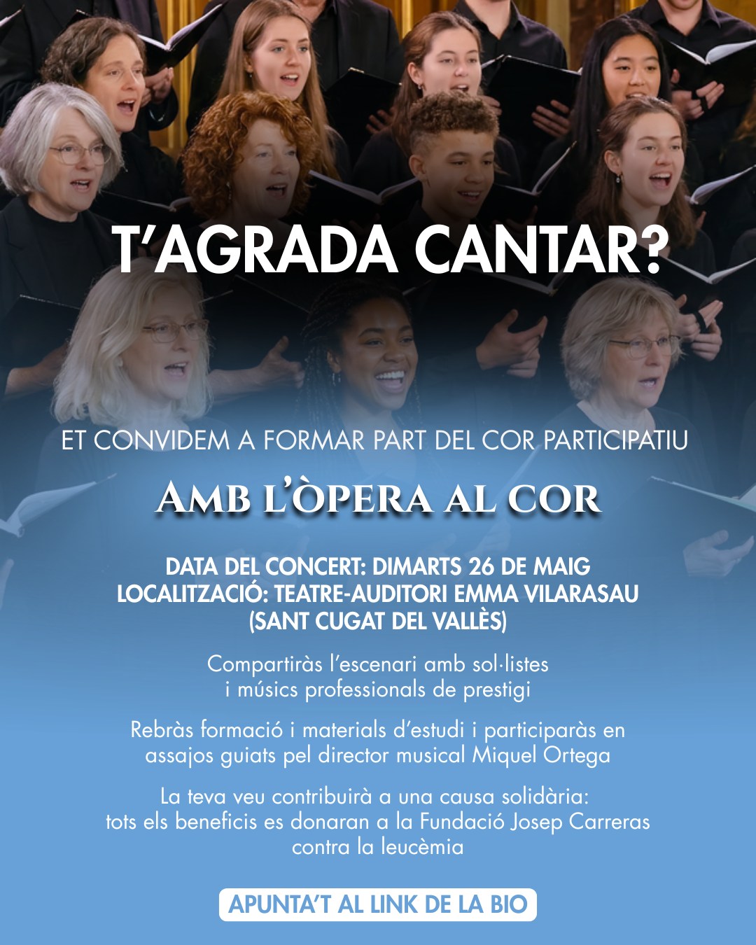 Hi ha experiències que s'escolten, però aquesta, a més a més, es viu ben de prop.
Si t'agrada cantar, el proper 26 de maig tens l’oportunitat de pujar a l’escenari del Teatre-Auditori de Sant Cugat i formar part d'“Amb l’òpera al cor”.
I et donarem tres raons per fer-ho:
🎼 Cantar amb músics i solistes professionals
🤝 Viure la música des de dins
❤️ Ser part d’un projecte amb impacte social
Una experiència única, oberta a cantaires que vulguin participar.
⏰ Inscripcions obertes fins dilluns 4 de maig
Et deixem més informació i inscripcions al link de la bio
#opera #cantaires #santcugat #culturaviva #musica #cor