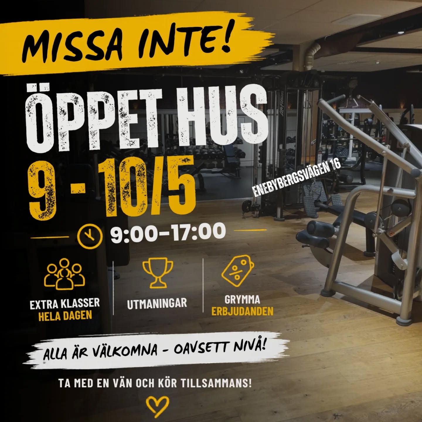 Välkommen på öppet hus hos oss 9–10 maj 🎉🌸
Är du nyfiken på träning hos oss eller vill du bara få ny energi?
Under två dagar öppnar vi upp gymmet för alla.
✔️ Extra gruppträningspass
✔️ Utmaningar för alla nivåer
✔️ Erbjudanden på plats
🕘 09:00–17:00 båda dagarna
👋 Alla är välkomna!
Kom som du är, testa på och upplev känslan i gymmet🕺