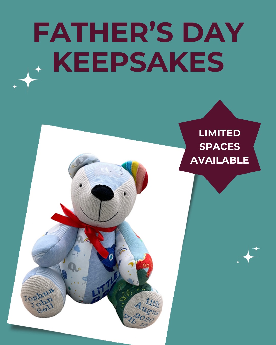 Make Father's Day Extra Special 💙
This Father's Day, give Dad a truly heartfelt gift he'll cherish forever - a bespoke keepsake bear crafted from sentimental clothes.
Perfect for your dad, husband, or grandparent.
For a limited time, I'm opening up a small number of exclusive slots that allow you to jump the queue and guarantee delivery in time for Father's Day. These slots are in extremely limited supply!
To secure your spot:
Order and get your clothes to me as soon as possible. I'll need to receive your clothing by no later than 13th June 2026.
Once these slots are filled, you'll need to join my current waiting list.
Don't miss this opportunity to give Dad a unique and meaningful gift made with love.
Comment FATHERS DAY and I'll send you the link to order your fast-tracked Father's Day bear!
#TracysTreasuredKeepsakes #SmallBusinessUK #PersonalisedKeepsakes #HertsCustomKeepsakes #HandmadeGiftsUK